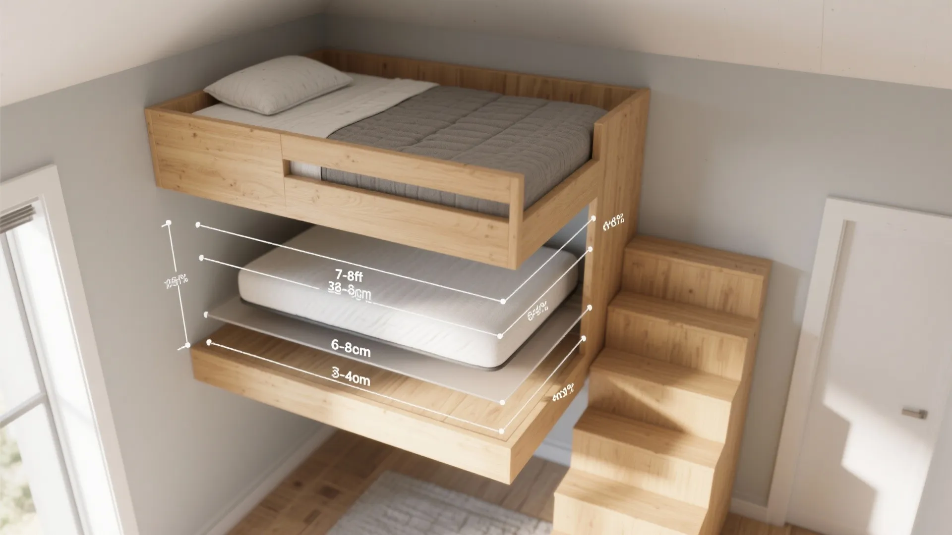 Top-down visual guide showing relative loft platform and mattress thicknesses for low ceilings.