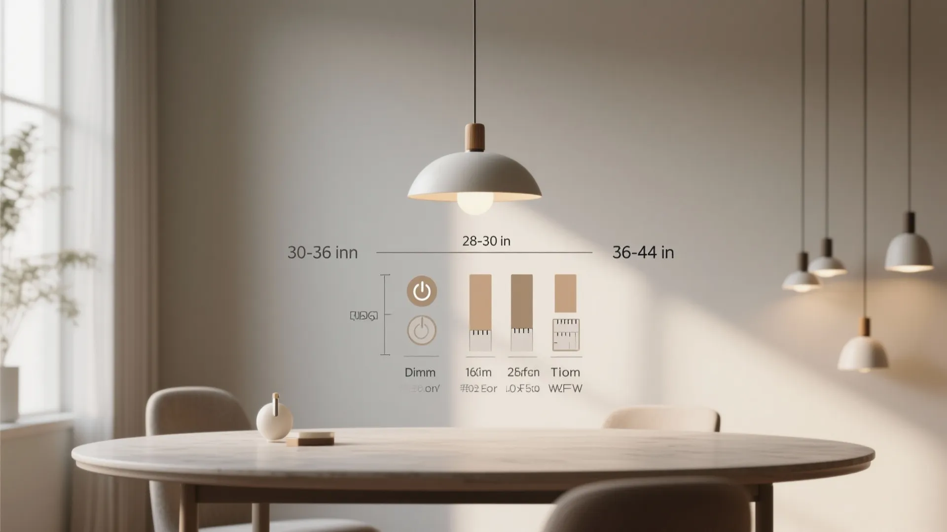 Infographic showing height measurements for hanging ceiling lights above a round wooden dining room table