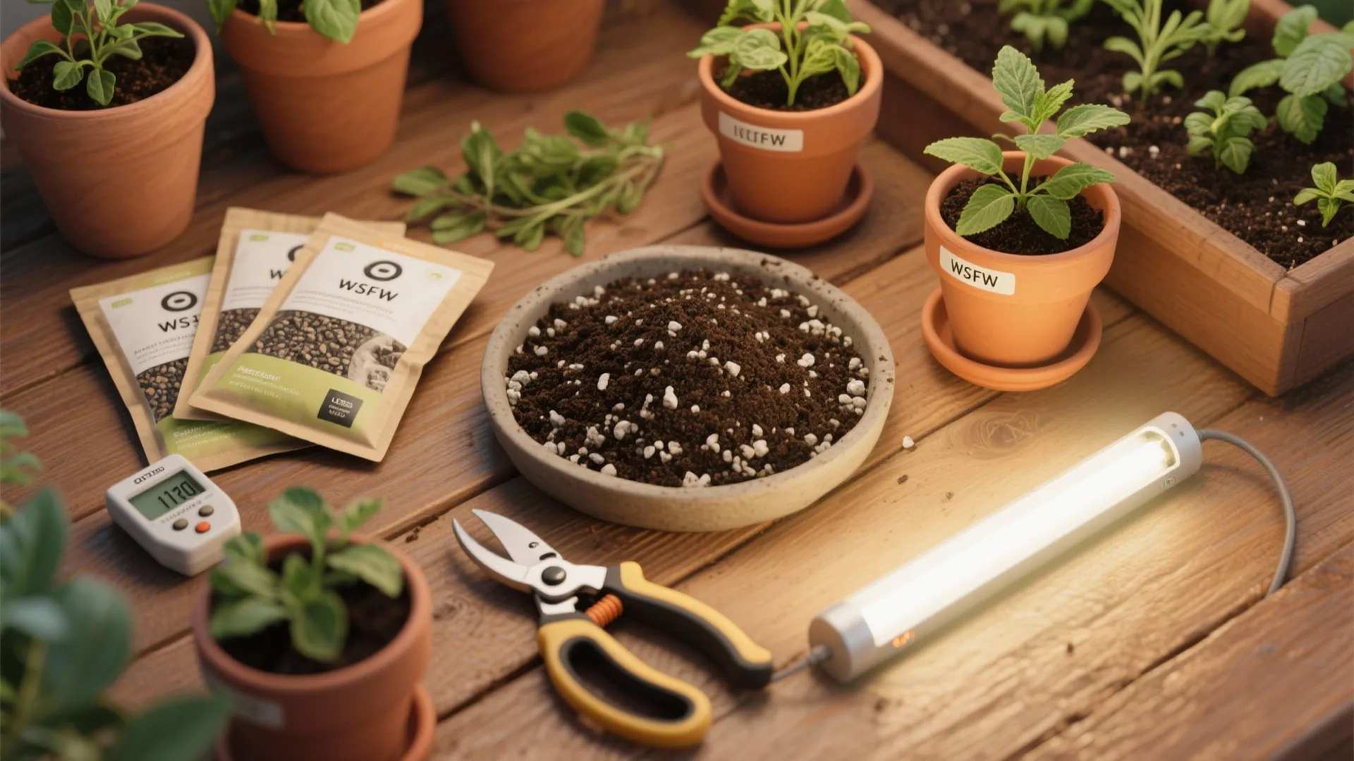 Indoor gardening setup with soil, seed packets, small plants in clay pots, and light fixture