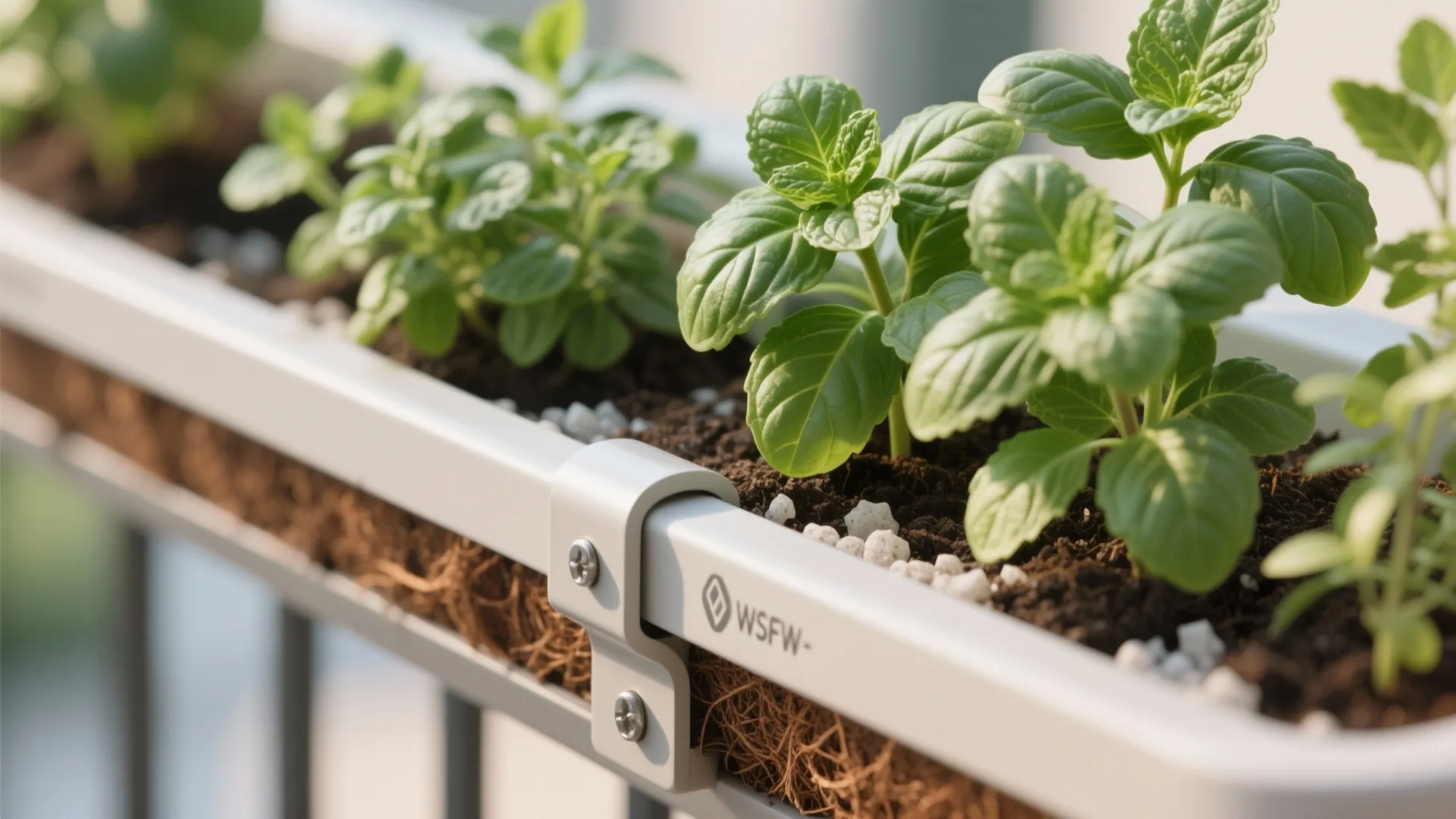 Macro of basil and mint in a lightweight rail planter with locking bracket and airy soil mix.