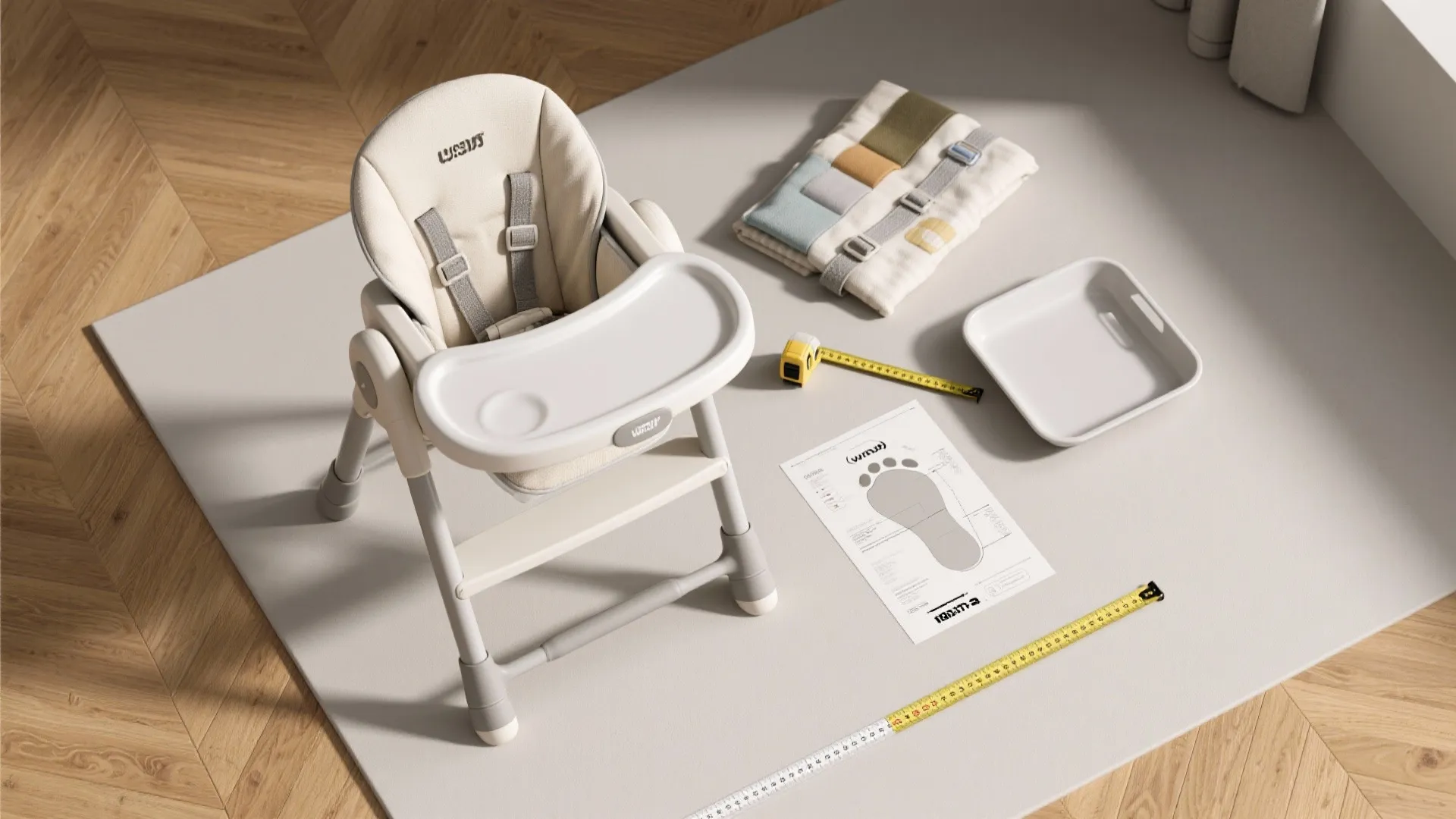 White baby high chair on a grey mat with measuring tape and various assembly parts