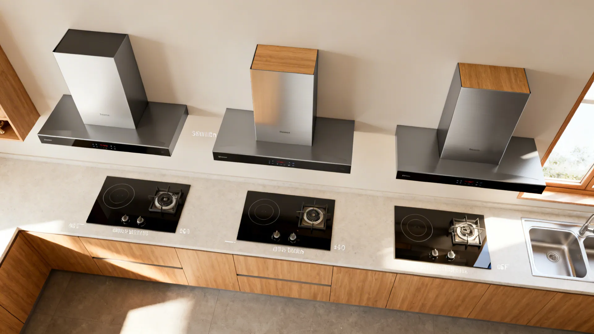 Overhead visualization comparing hood widths to cooktops with clear window zones.