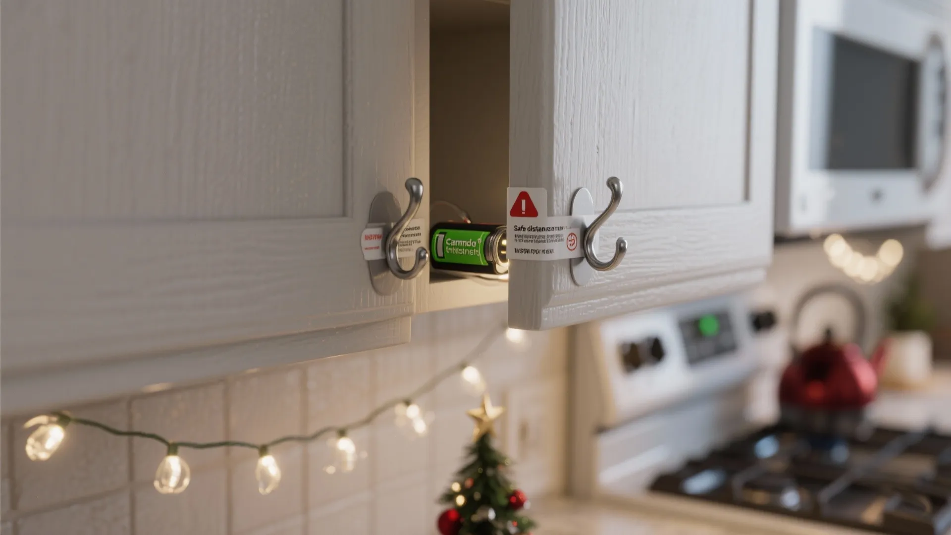 Close-up of white kitchen cabinet doors with metal hooks and a green battery for safety