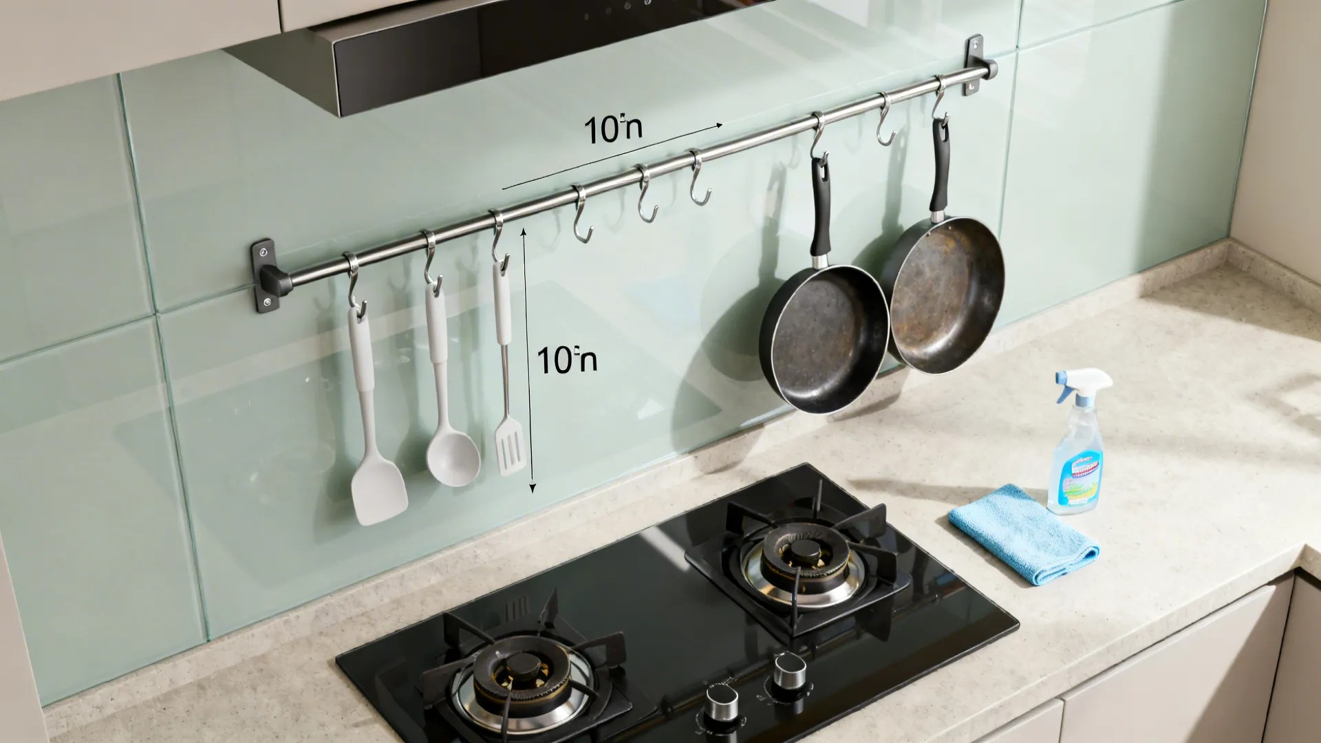 Top-down set showing safe hook placement, adhesive on glass, stud-anchored rail, and cleaning tools.