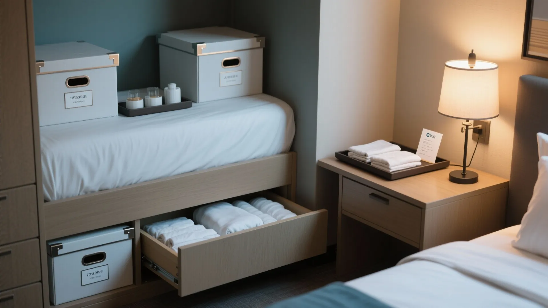 Compact bedroom storage solution with storage boxes on bed and white towels in open wooden drawer
