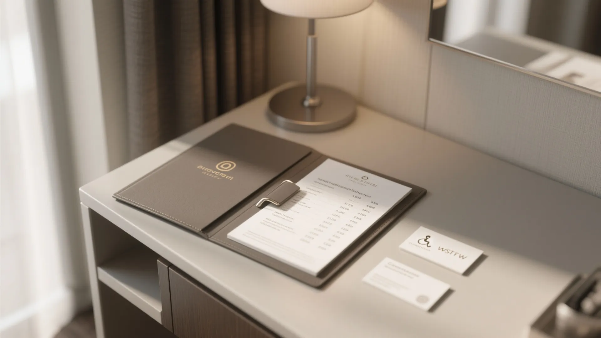 Hotel room service menu and business cards placed on a light wood desk near lamp