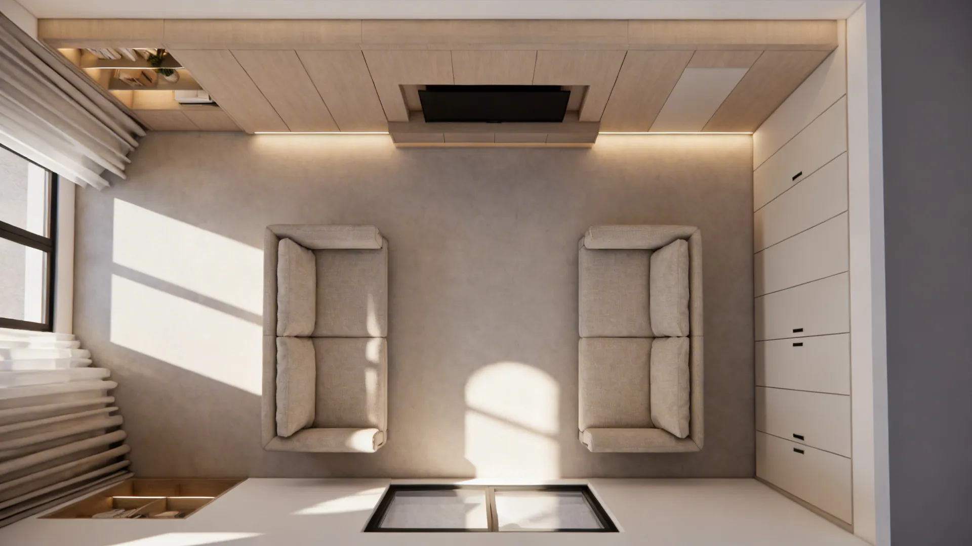 Top-down plan showing conversation seating, concealed media, layered lighting, and closed storage in a compact room.