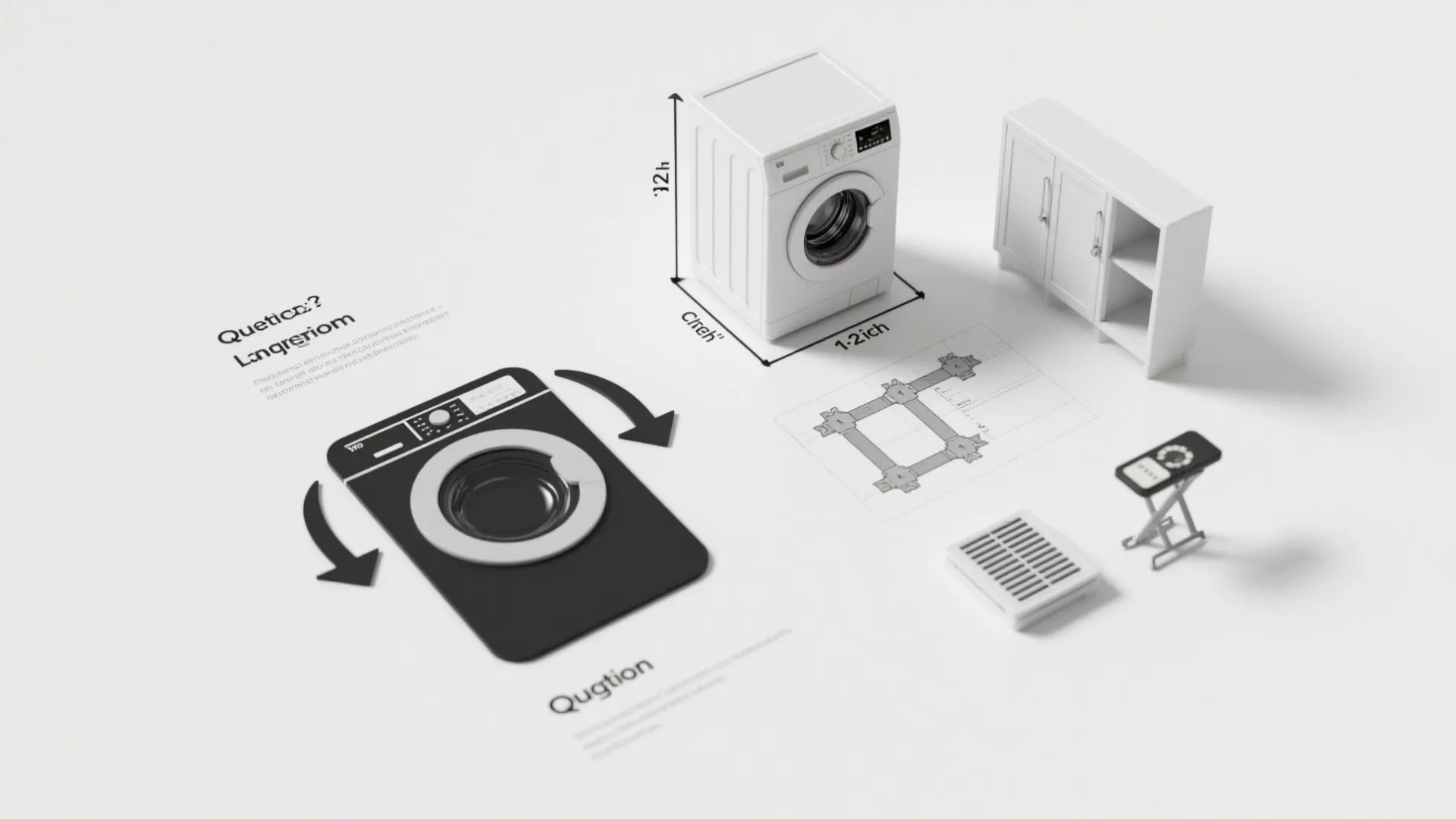 Isometric view showing washing machine dimensions plus cabinet and various laundry room furniture and equipment items