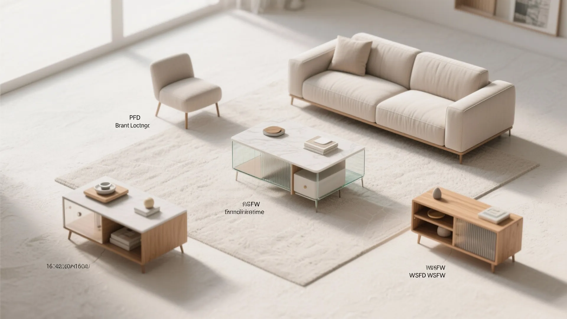 Modern beige sofa and armchair arranged around a white coffee table on a large cream rug