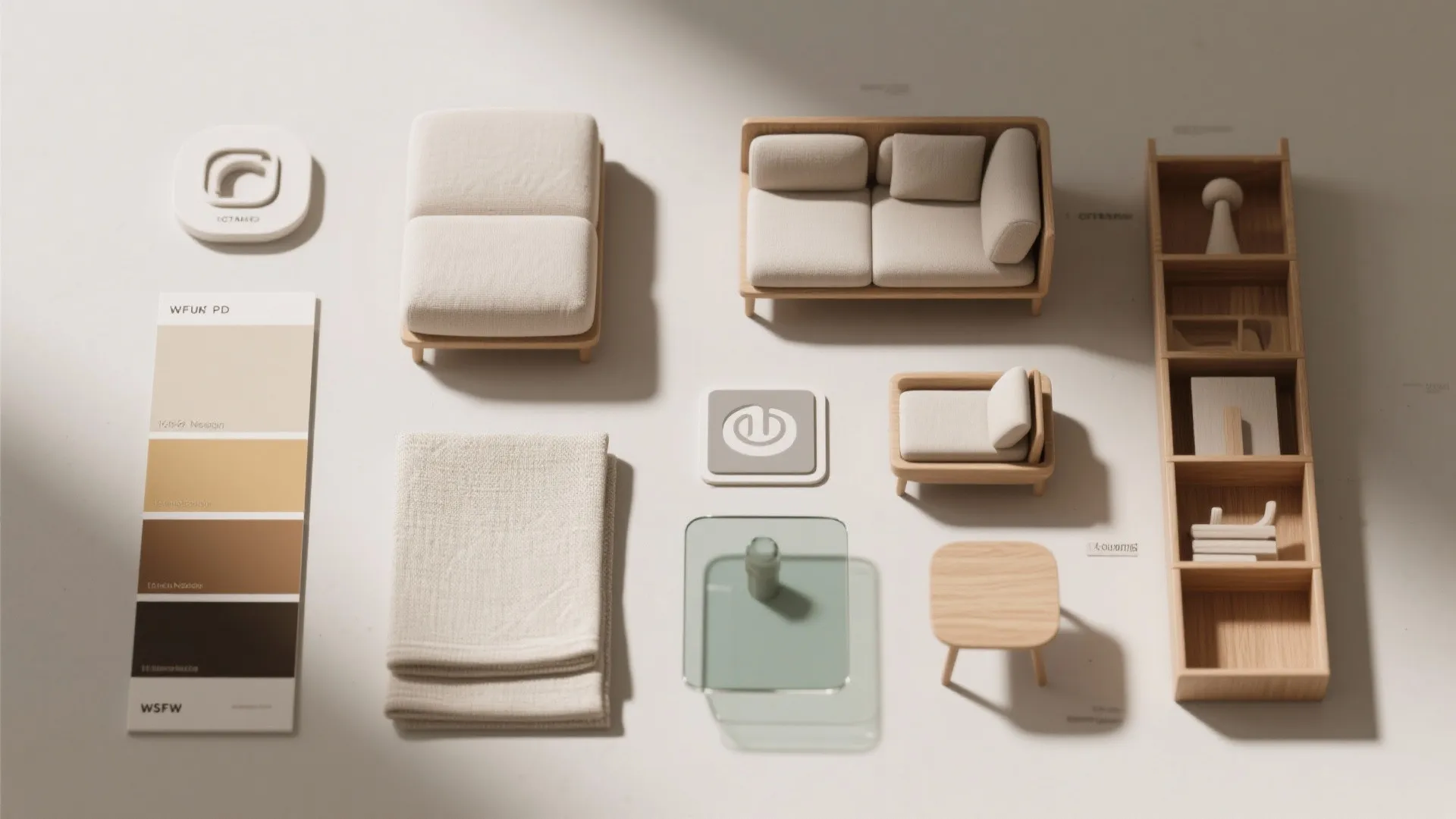 Collection of small furniture models and color swatches showing sofa chair cabinet and glass table