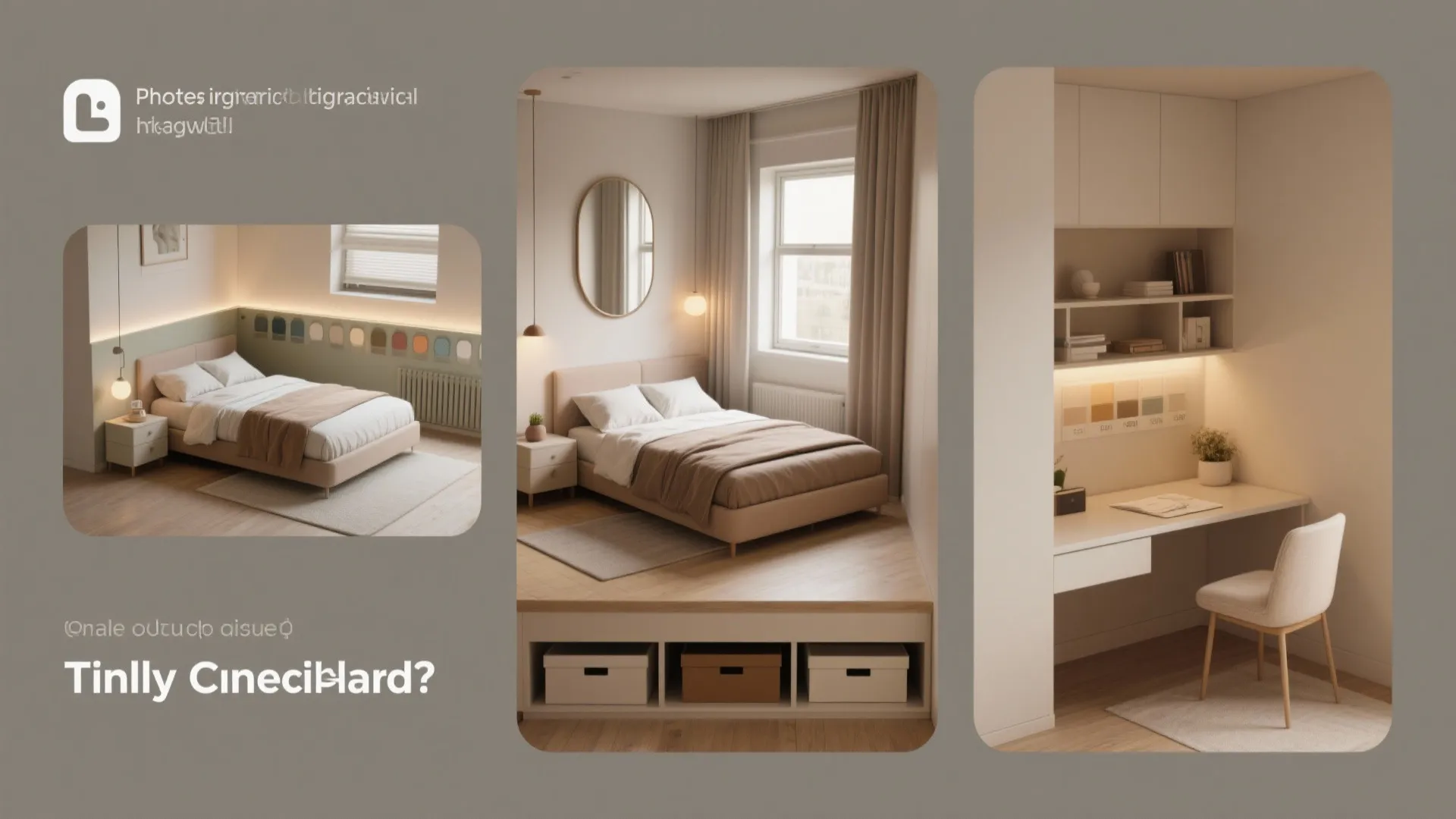 Collage of three interior design drawing images showing bedroom layout ideas and small workspace furniture setup