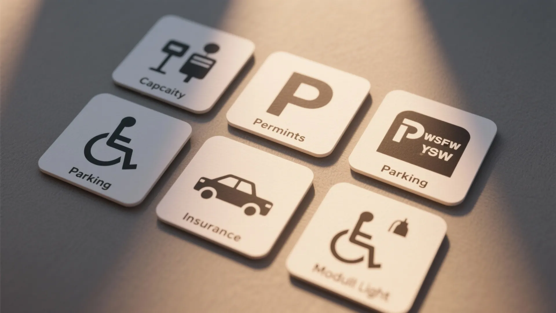 Close-up of simple icon symbols representing capacity, permits, parking, insurance and accessibility for a small venue.
