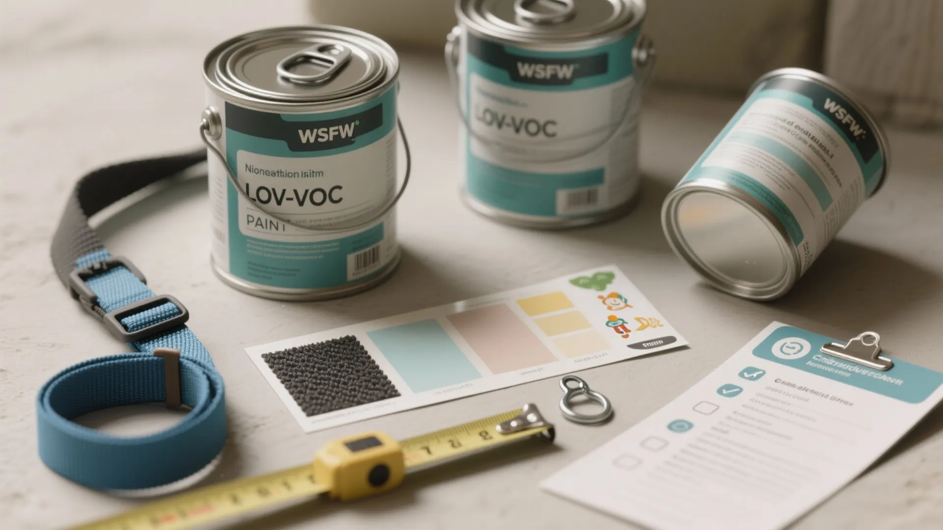 Three paint cans with blue labels placed near a measuring tape and a color swatch card