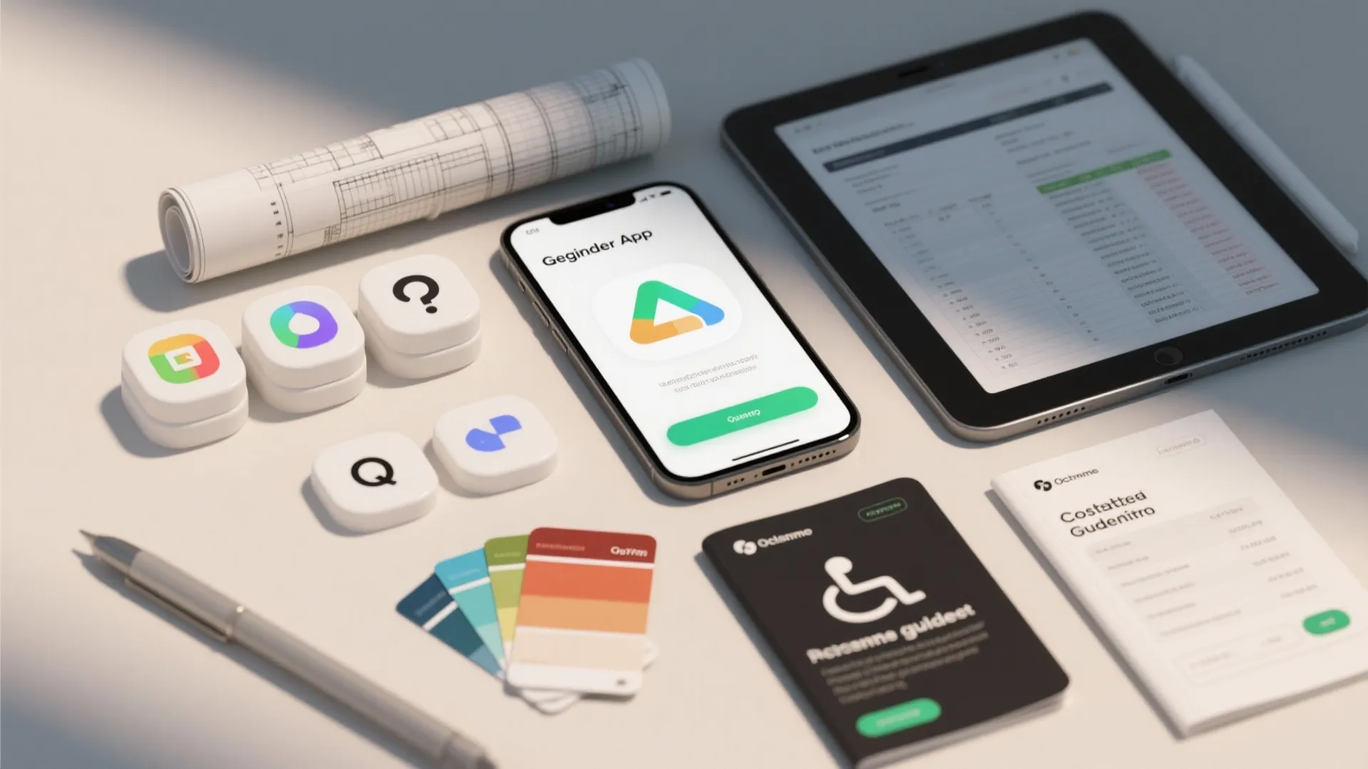 Icons and props representing FAQ topics like beginner apps, blueprints, swatches, and cost estimates.