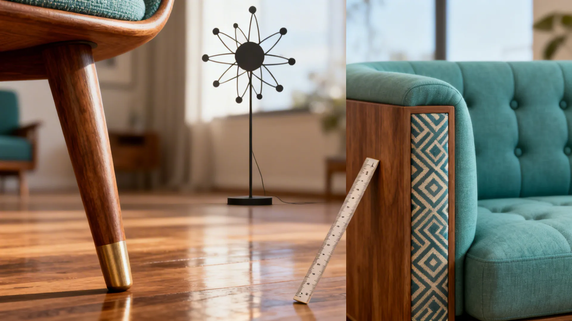 Collage of mid-century design details and icons illustrating common FAQ topics.