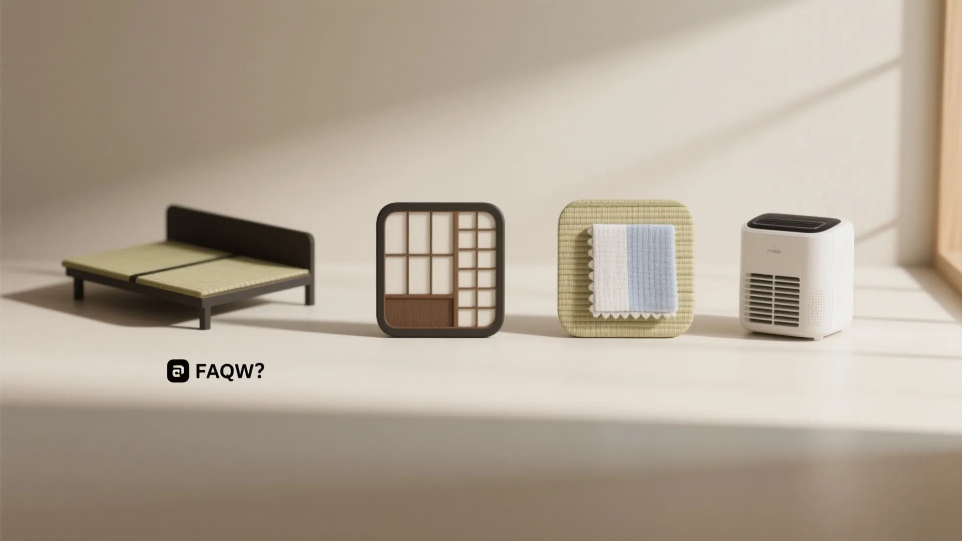 Collage of icons for FAQs: platform bed, tatami, shoji panels, textiles and dehumidifier