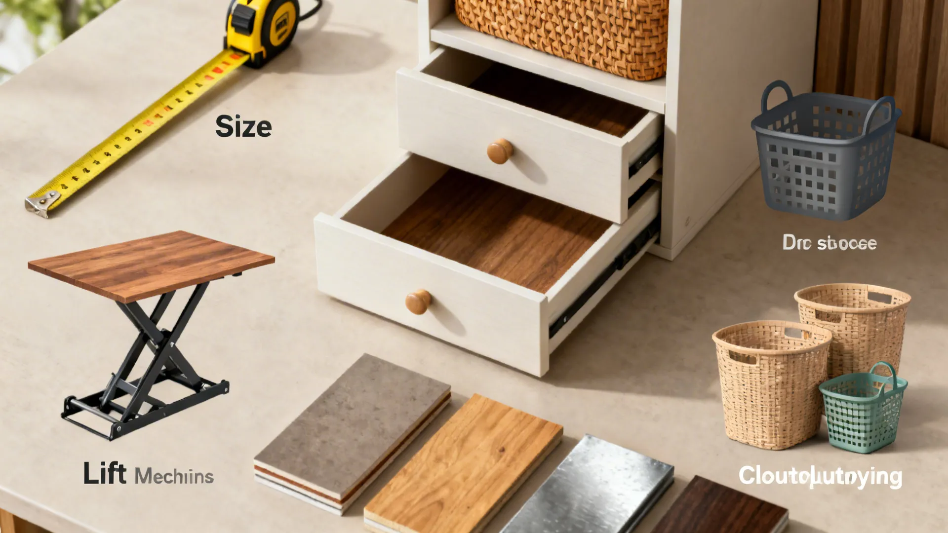Measuring tape white drawers woven baskets lifting table and material samples on a light surface