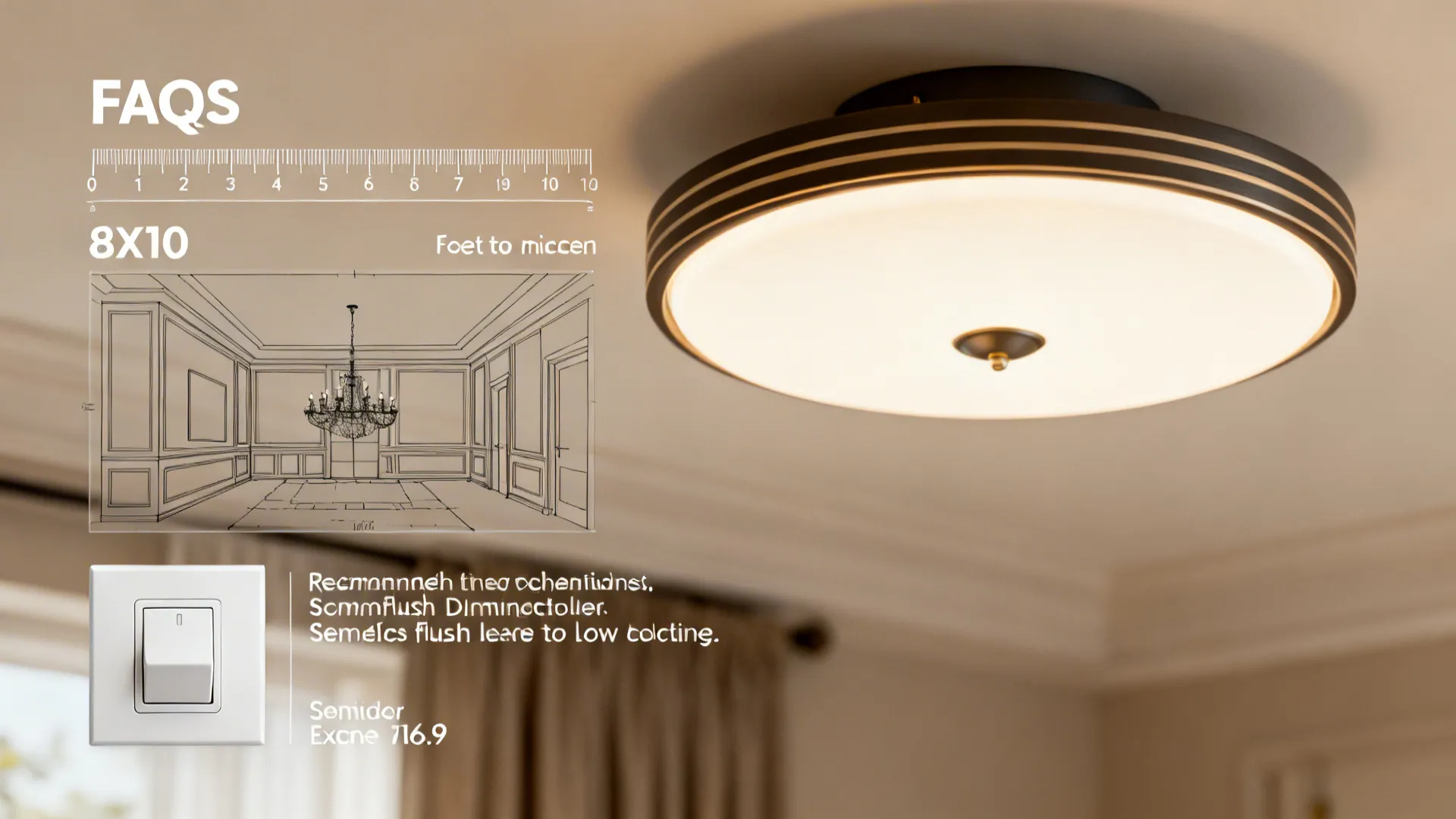 Infographic showing a round ceiling light and interior design drawing with a light switch button