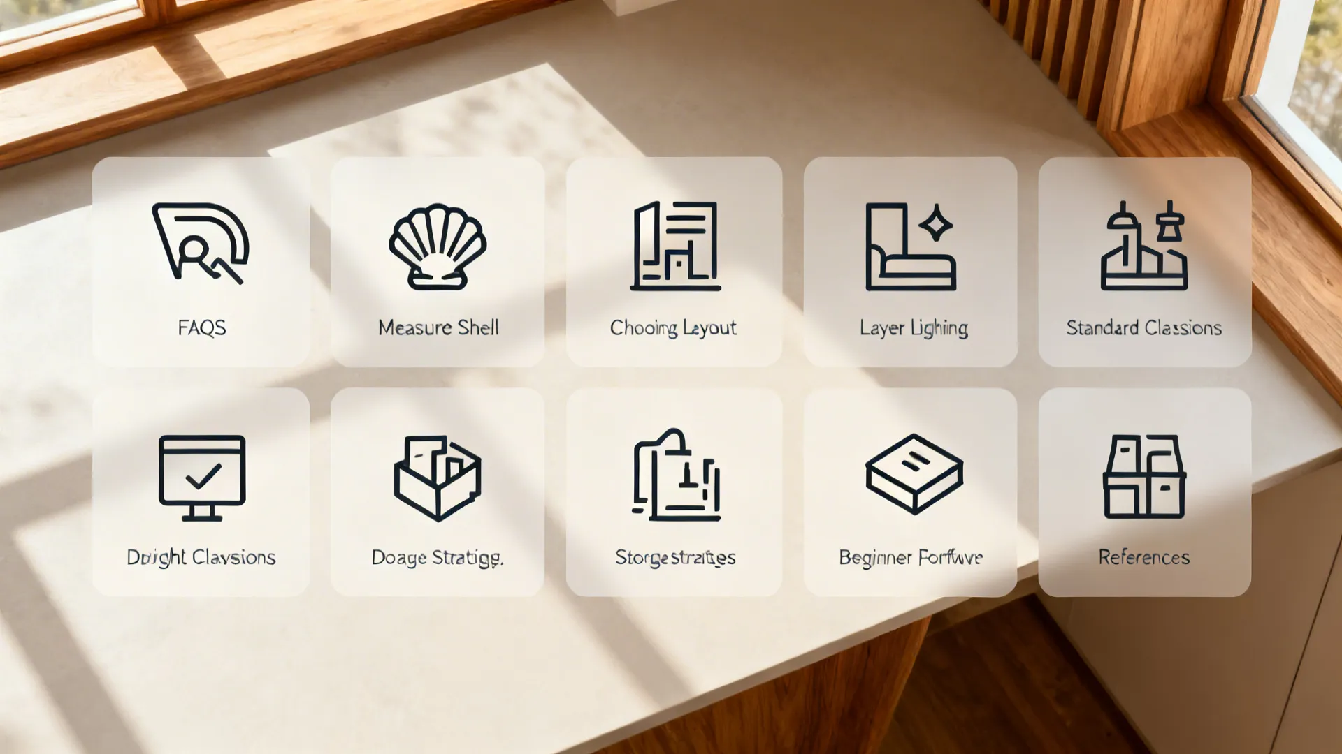 Minimal icon panels illustrating measuring, layouts, lighting, clearances, daylight, storage, workflow, and guidelines.
