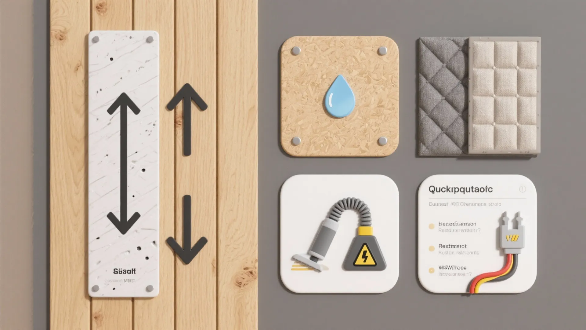 Infographic-style visuals illustrating common panelling FAQs like budget options, moisture resistance, and wiring.