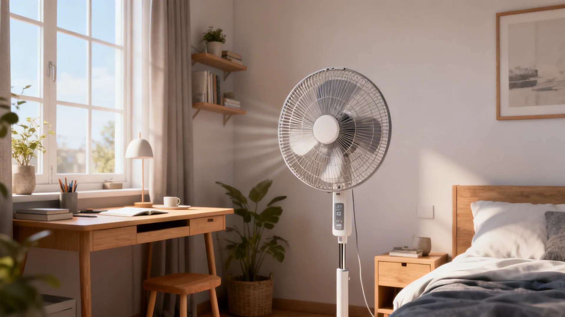 Small bedroom showcasing an ideal 36-inch fan and balanced layout answering common sizing FAQs.