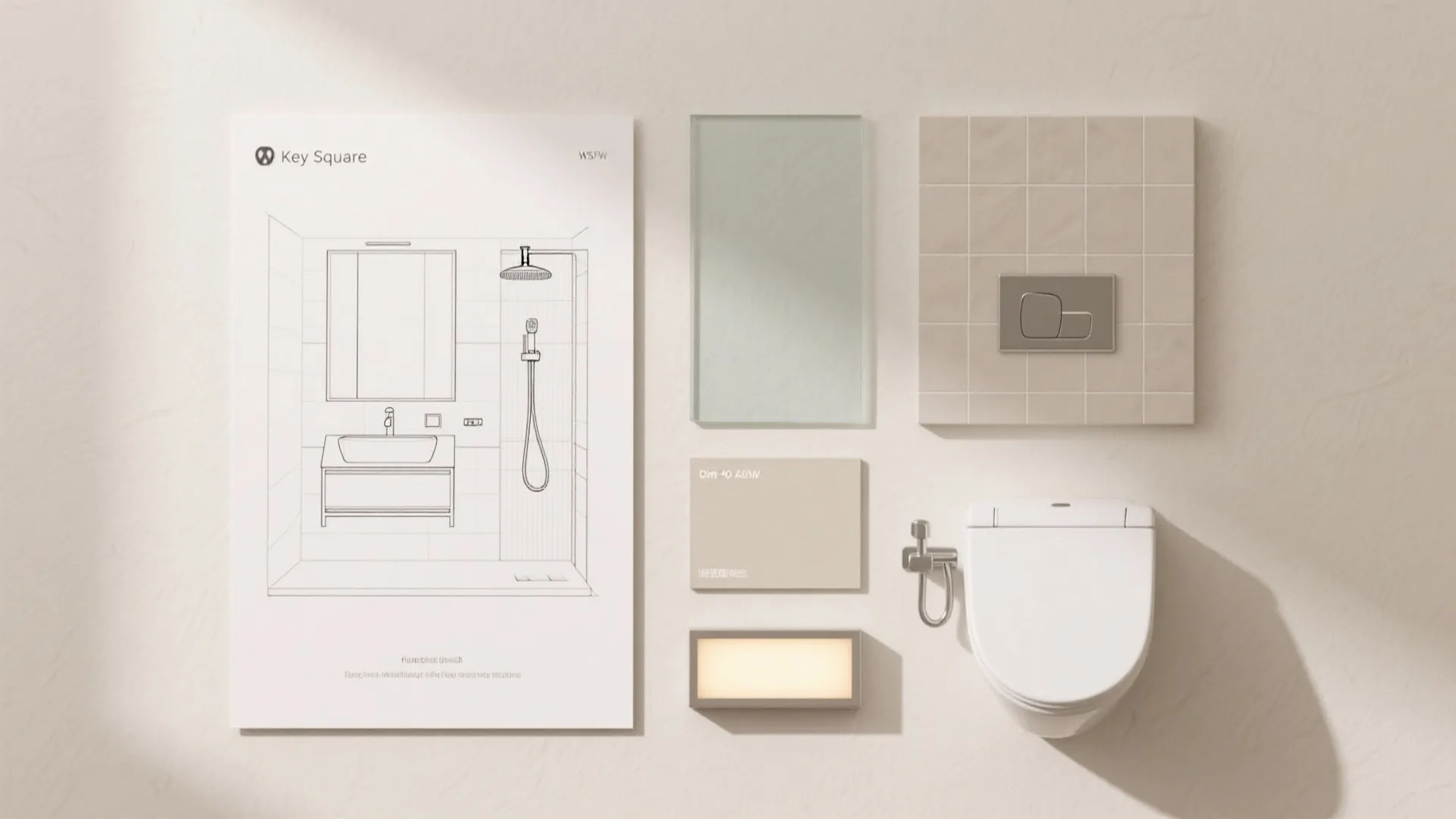 Flat lay of square bathroom essentials: layout sketch, clear glass, large-format tile with light grout, wall-hung hardware, LED module, and paint chip.