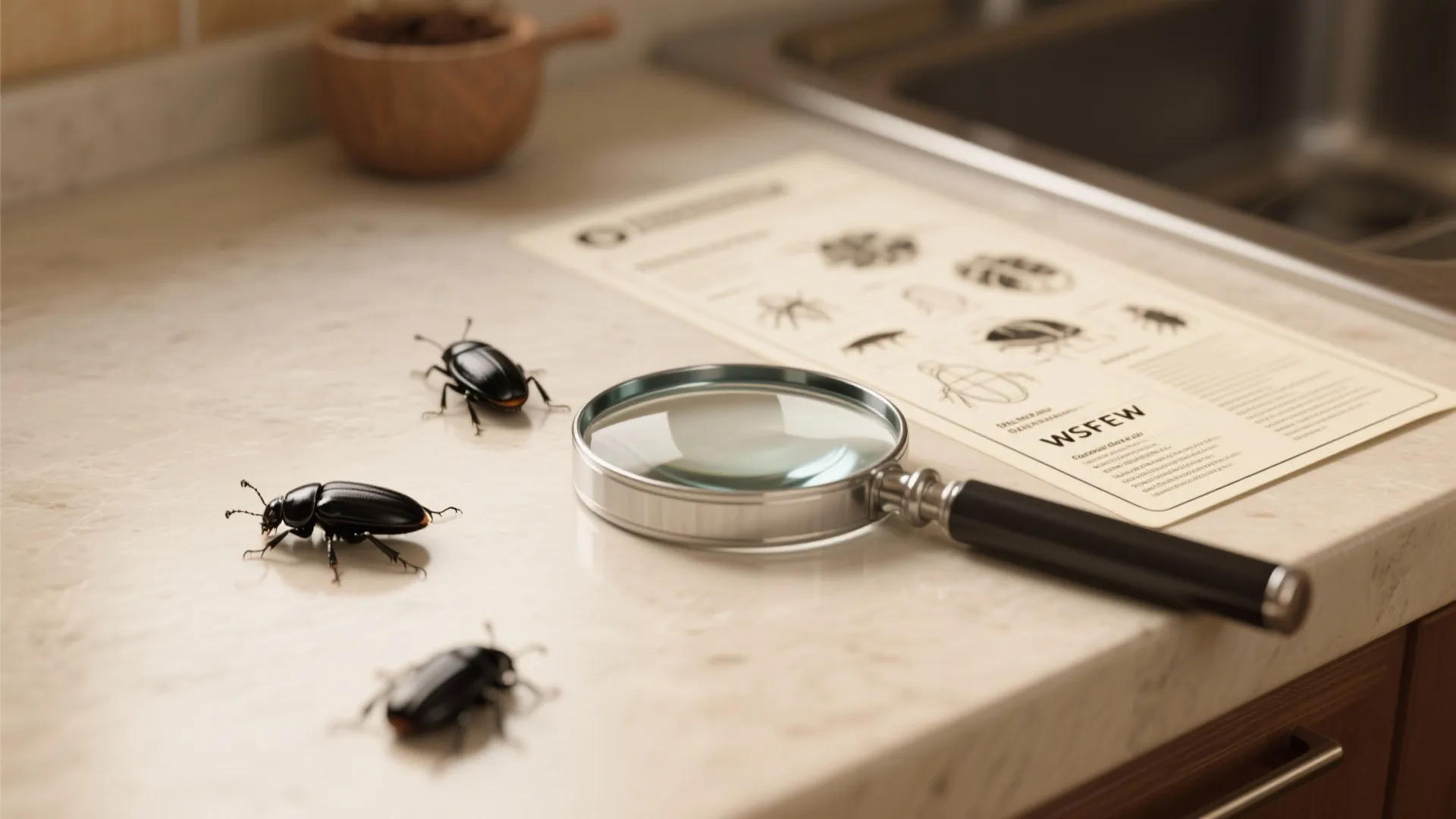 Magnifying glass on kitchen counter next to insect identification paper and three black beetle pests