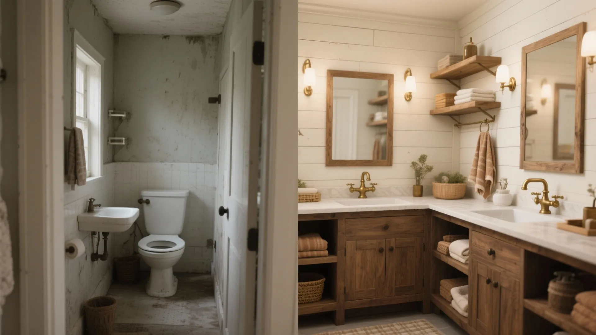 Before and after comparison of an old small bathroom versus a renovated modern farmhouse bathroom