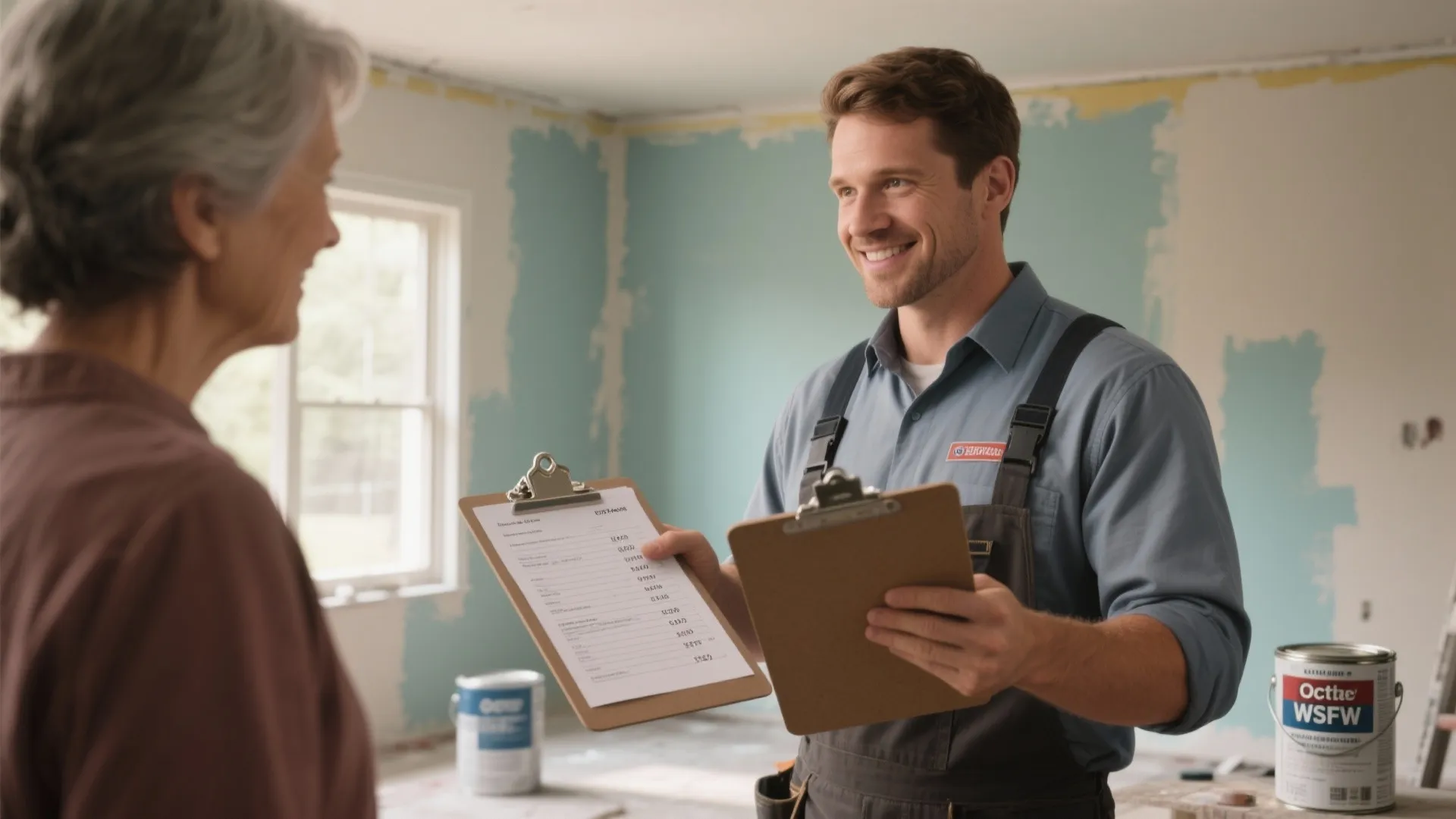 Smiling worker in blue overalls holding clipboard talking to woman during a home renovation project