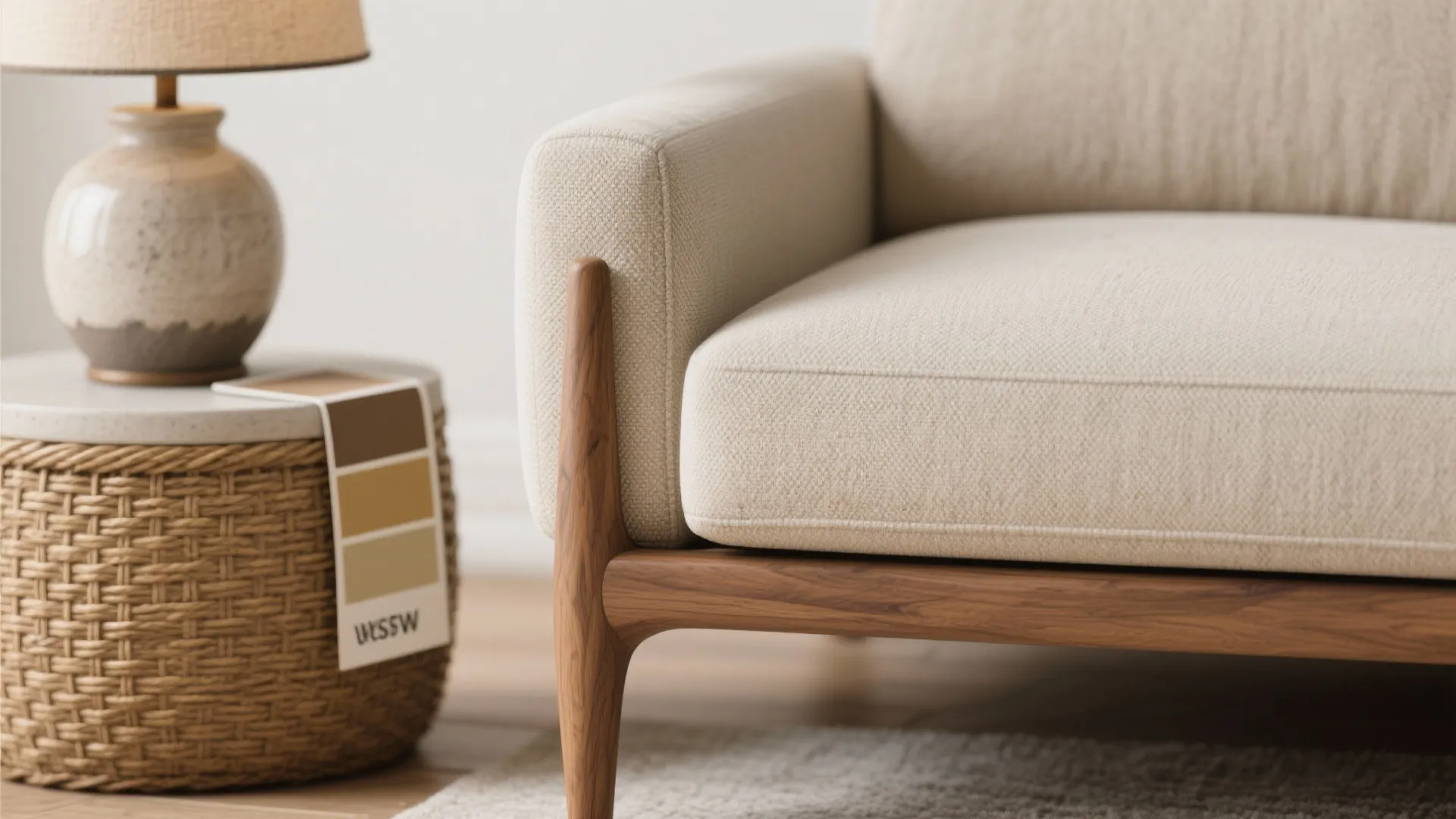 Close up of beige fabric sofa with wood legs next to small table and ceramic lamp