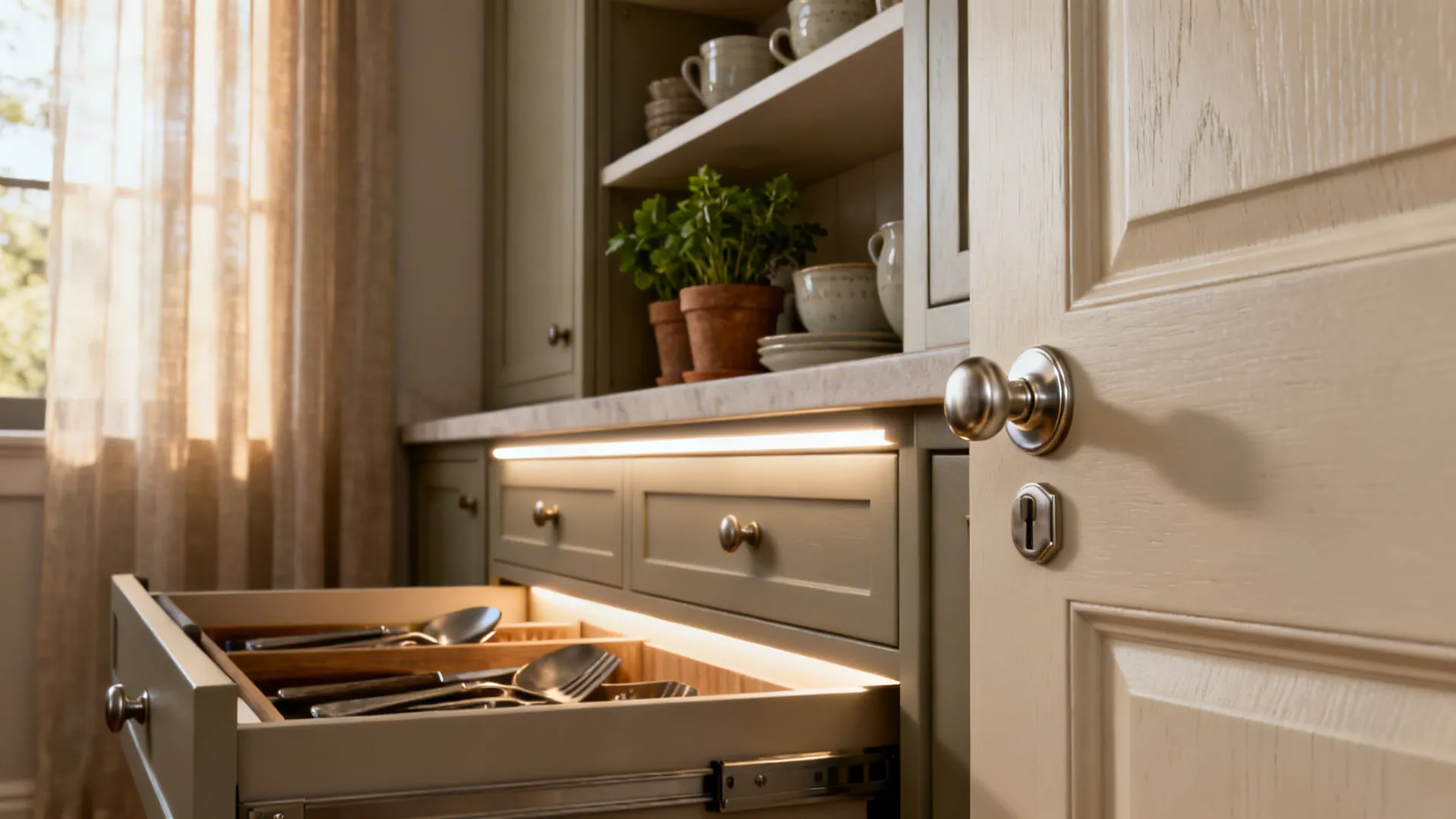Detail of painted cabinet with new hardware, under-cabinet lighting and deep drawers as budget-friendly upgrades.