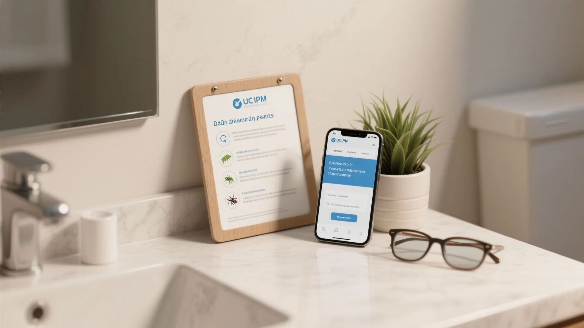 Marble bathroom counter with smartphone showing a mobile app next to a wooden information board