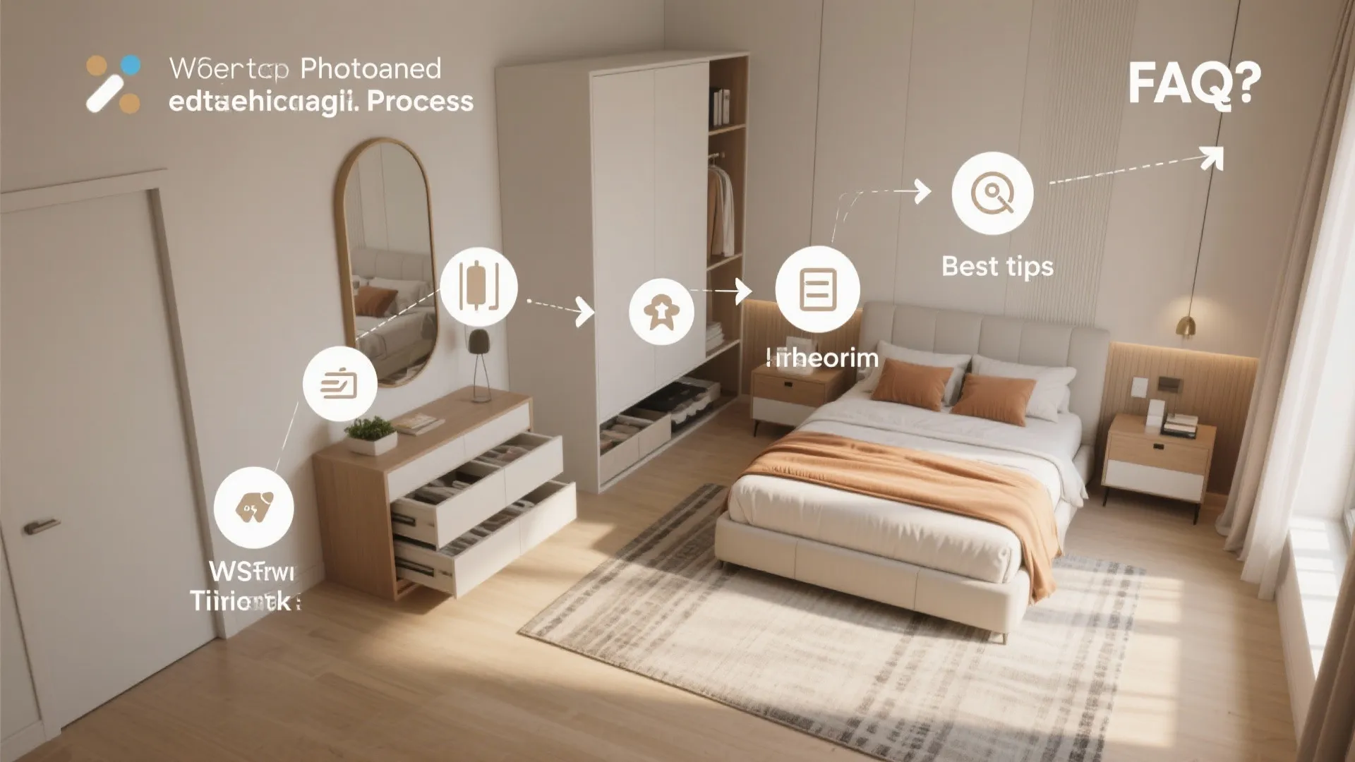 Infographic showing bedroom design process steps with icons over a bedroom with bed and cabinet