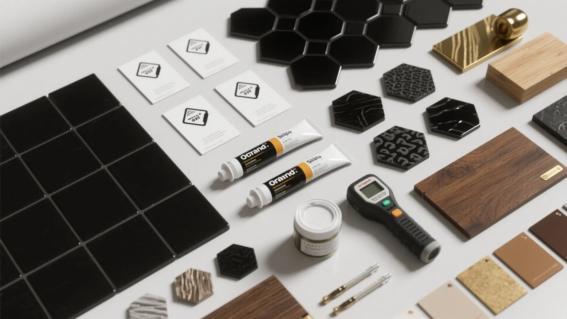 Top-down arrangement of tile samples, grout, sealant and tools representing common FAQ items about black hex tiles.