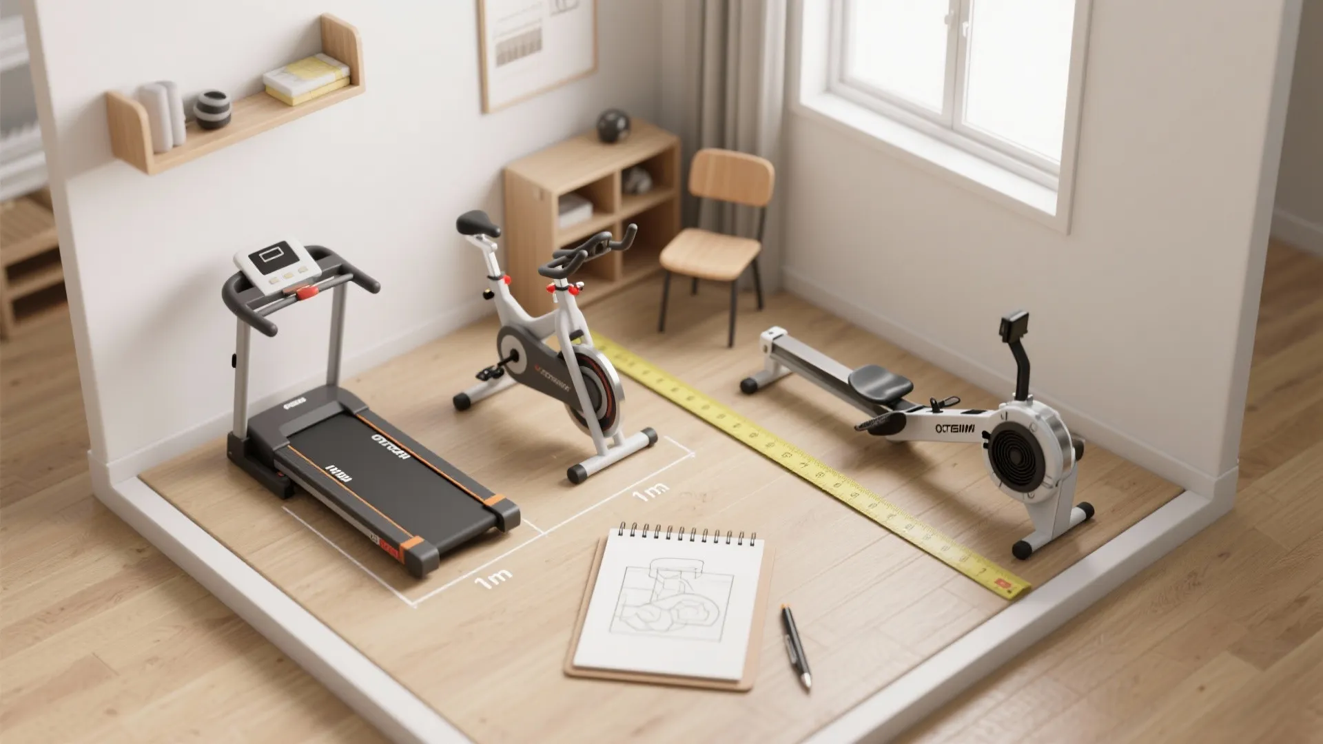 Interior design drawing showing home gym equipment layout with treadmill exercise bike and rowing machine