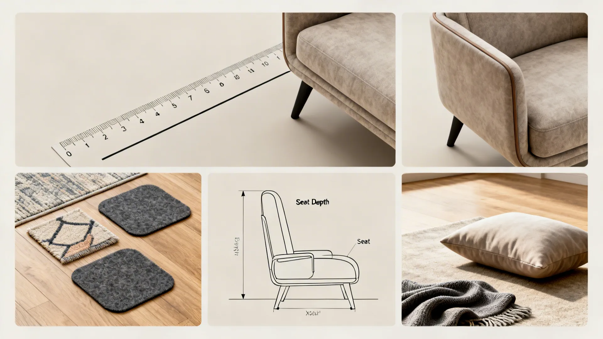 Top-down infographic visuals showing measurements, seat depth, and protective pads for swivel chairs.