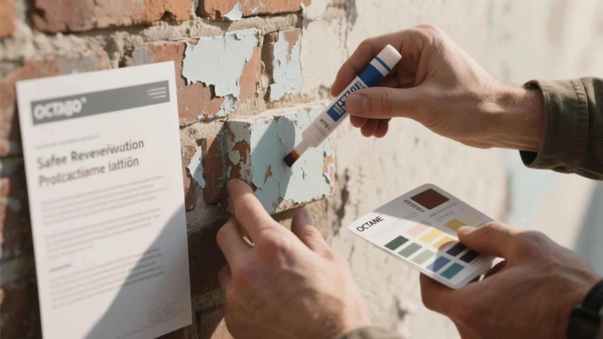 Hands using white paint pen to touch up old brick wall holding a color swatch