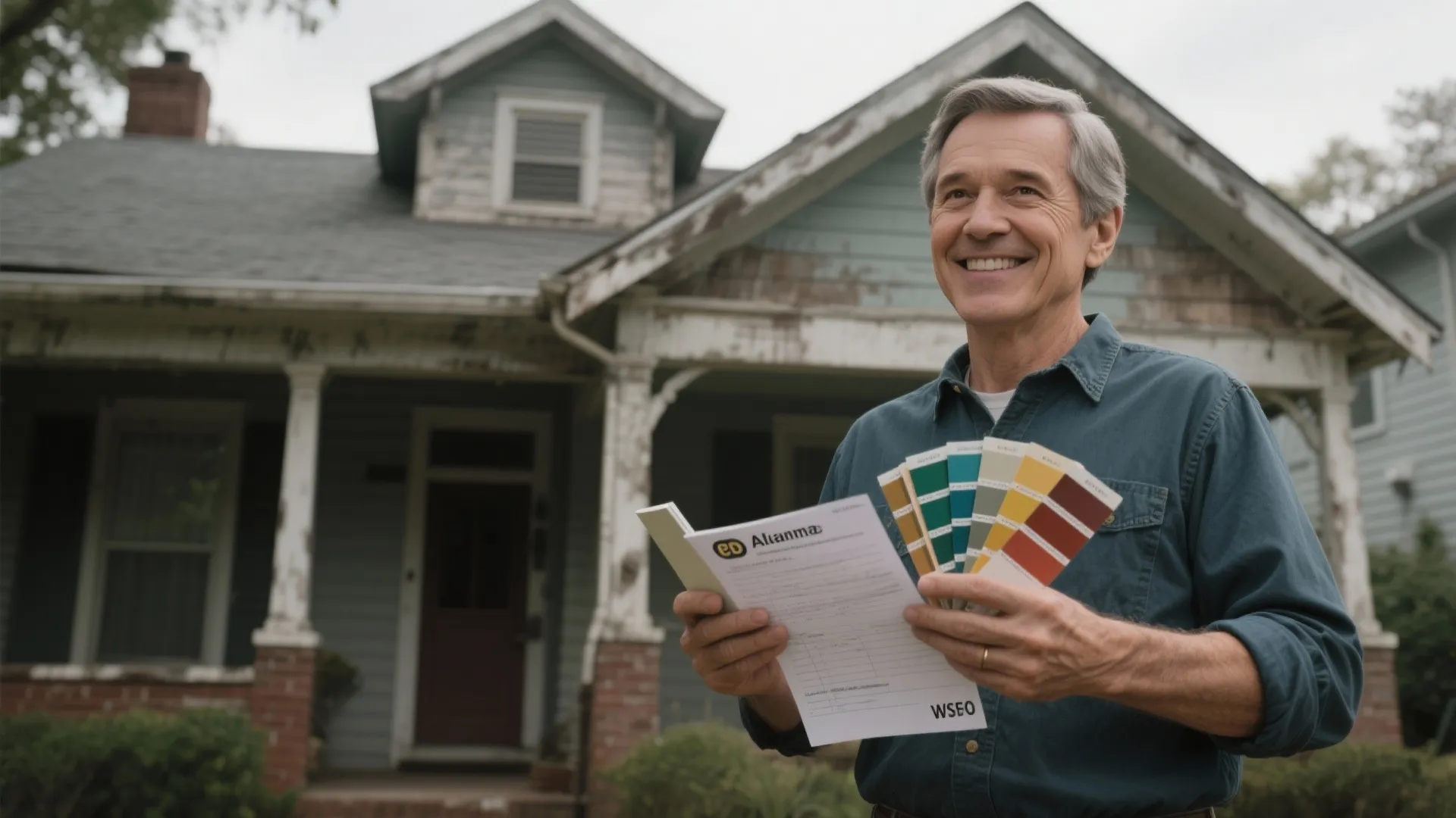 Smiling man holding a colorful paint palette and home inspection papers in front of house