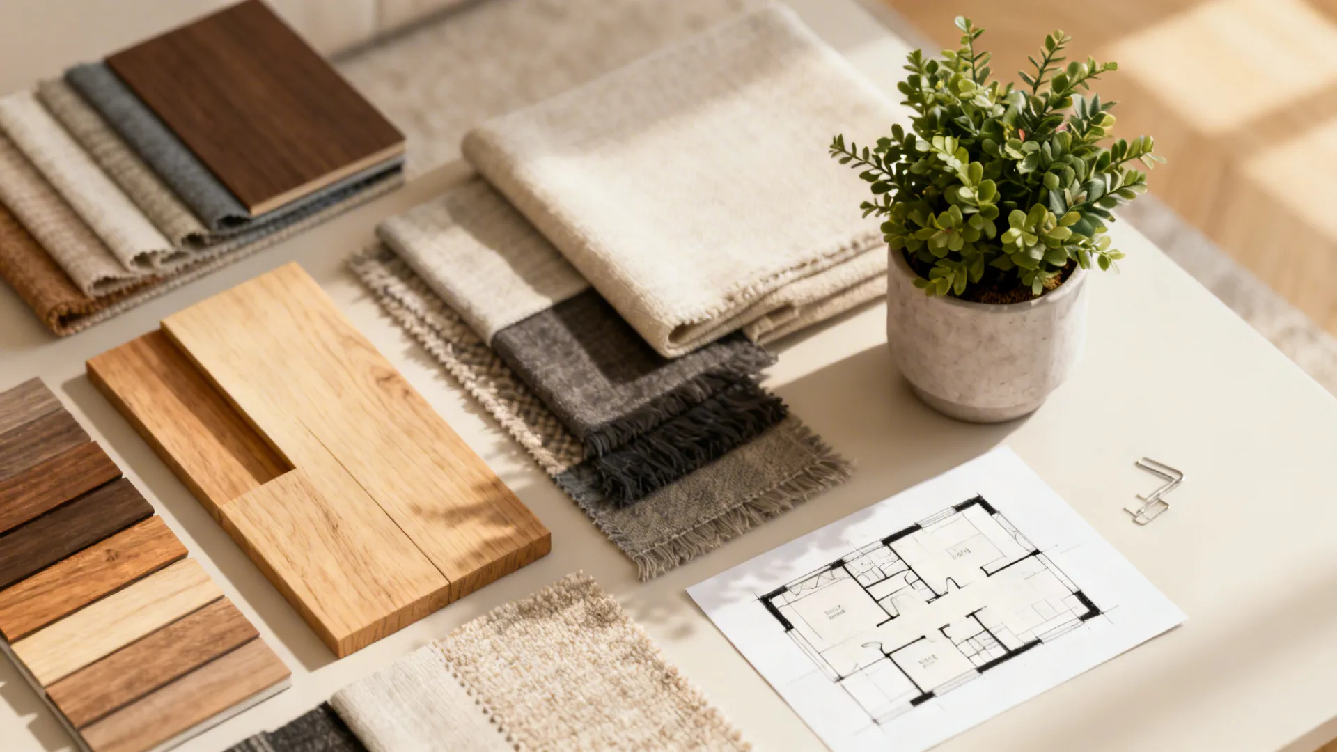 Collage of wood samples, textile swatches and a small floorplan for rustic living room planning