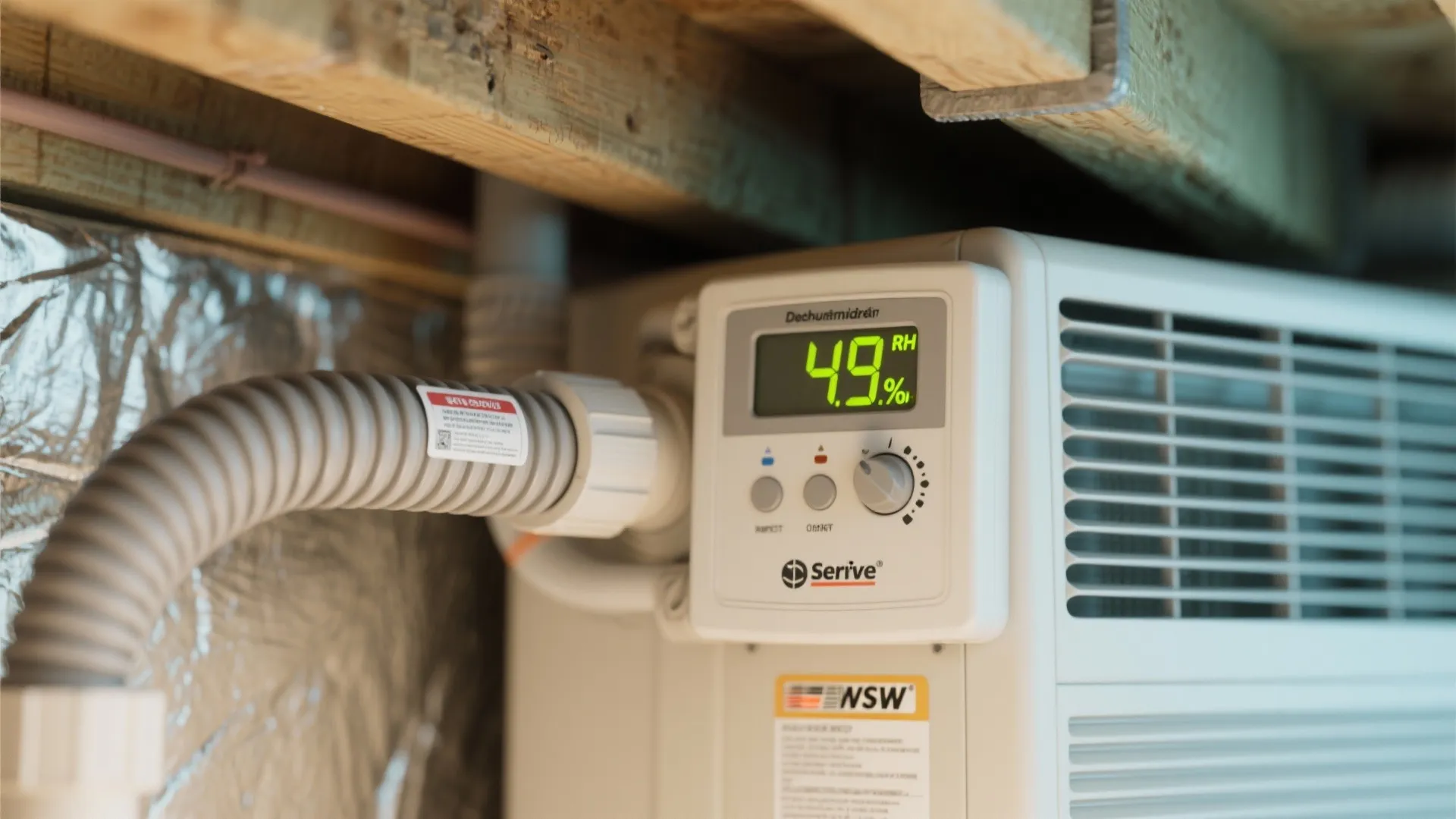 Macro shot of a dehumidifier humidistat displaying 45% RH with surrounding hose and service label.