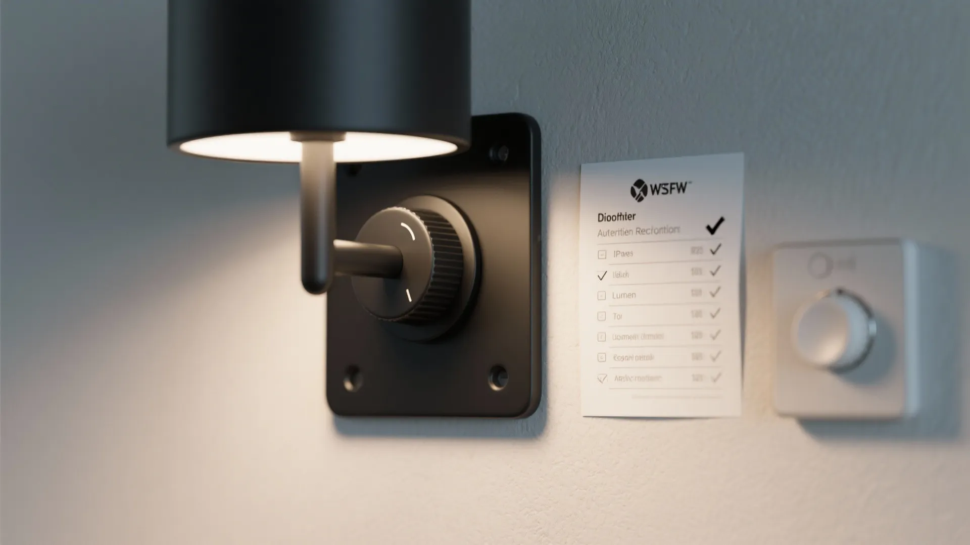 Installation detail of a matte black sconce with dimmer and checklist for IP and lumen specs.