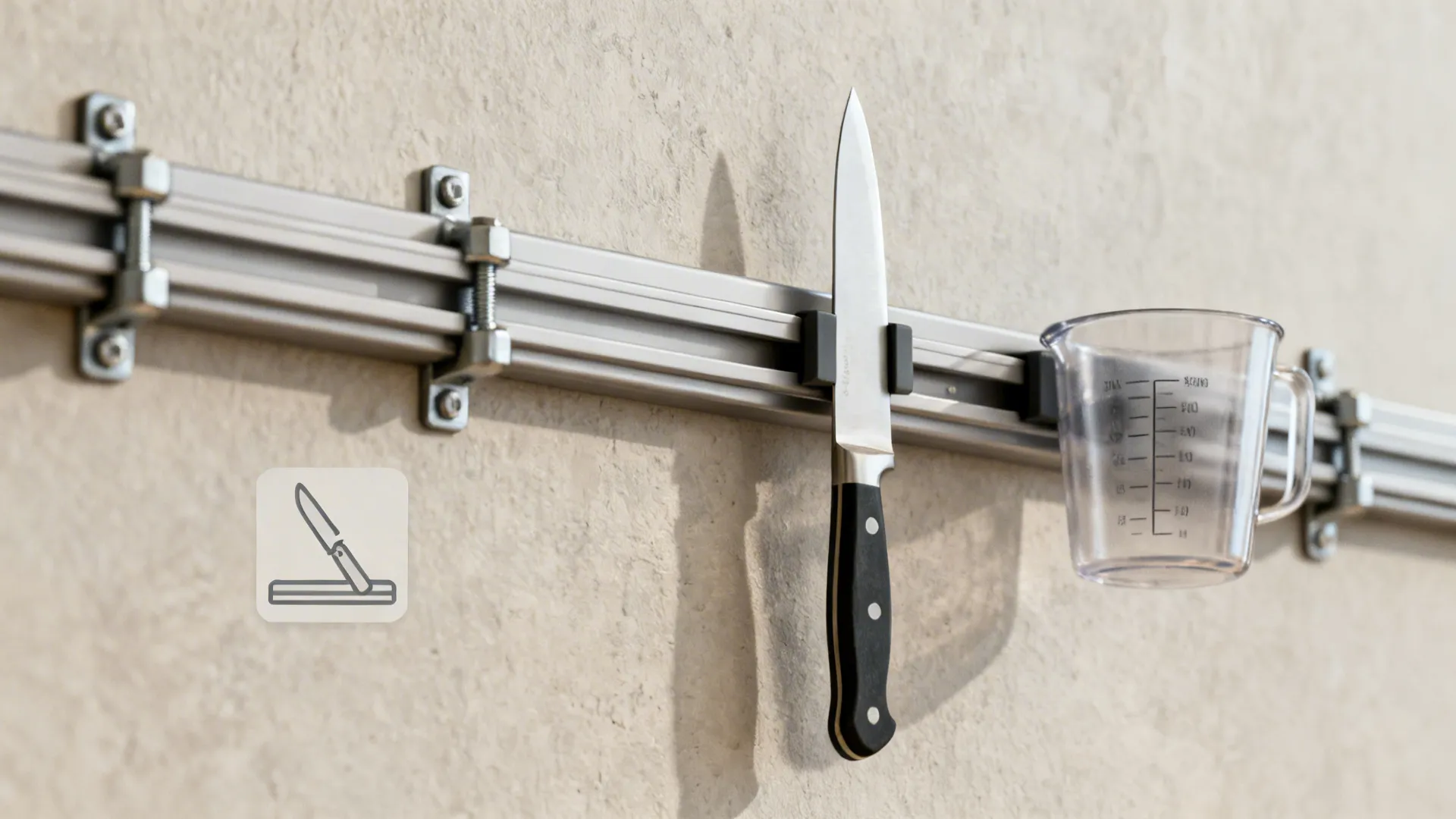 Macro of a kitchen rail securely mounted with anchors, with nearby knife-on-magnet detail.