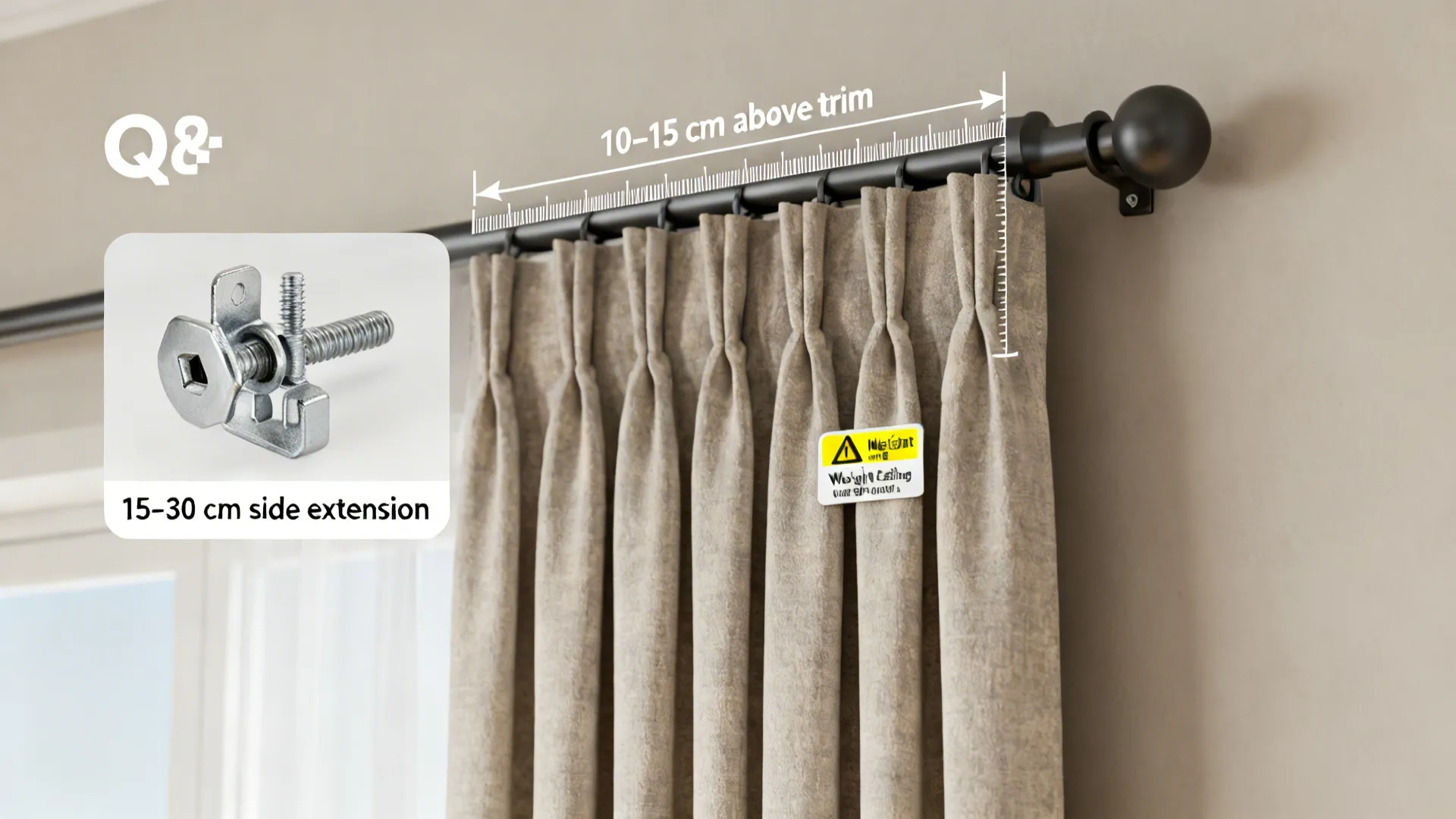 Curtain installation close-up showing measurement overlays and anchor hardware for FAQ guidance