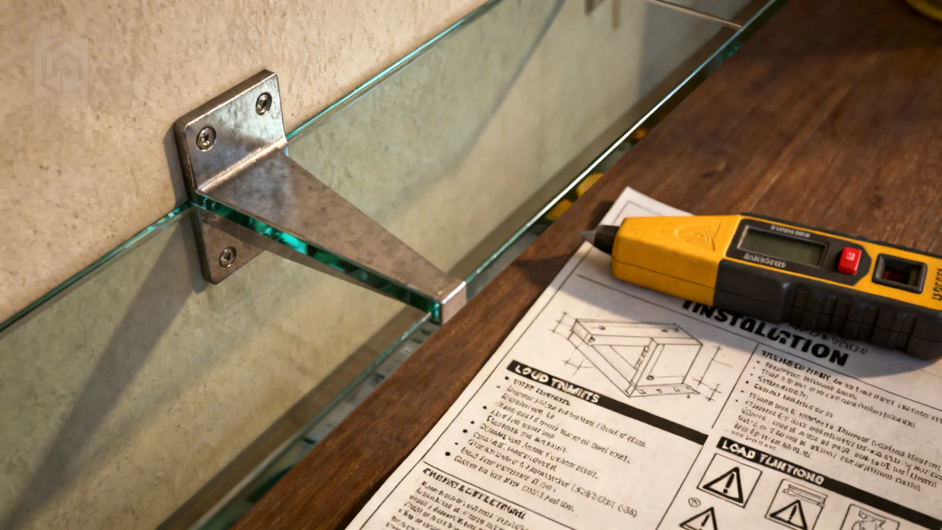 Close-up of an instruction sheet and a stud finder beside a mounted glass shelf, showing installation notes.