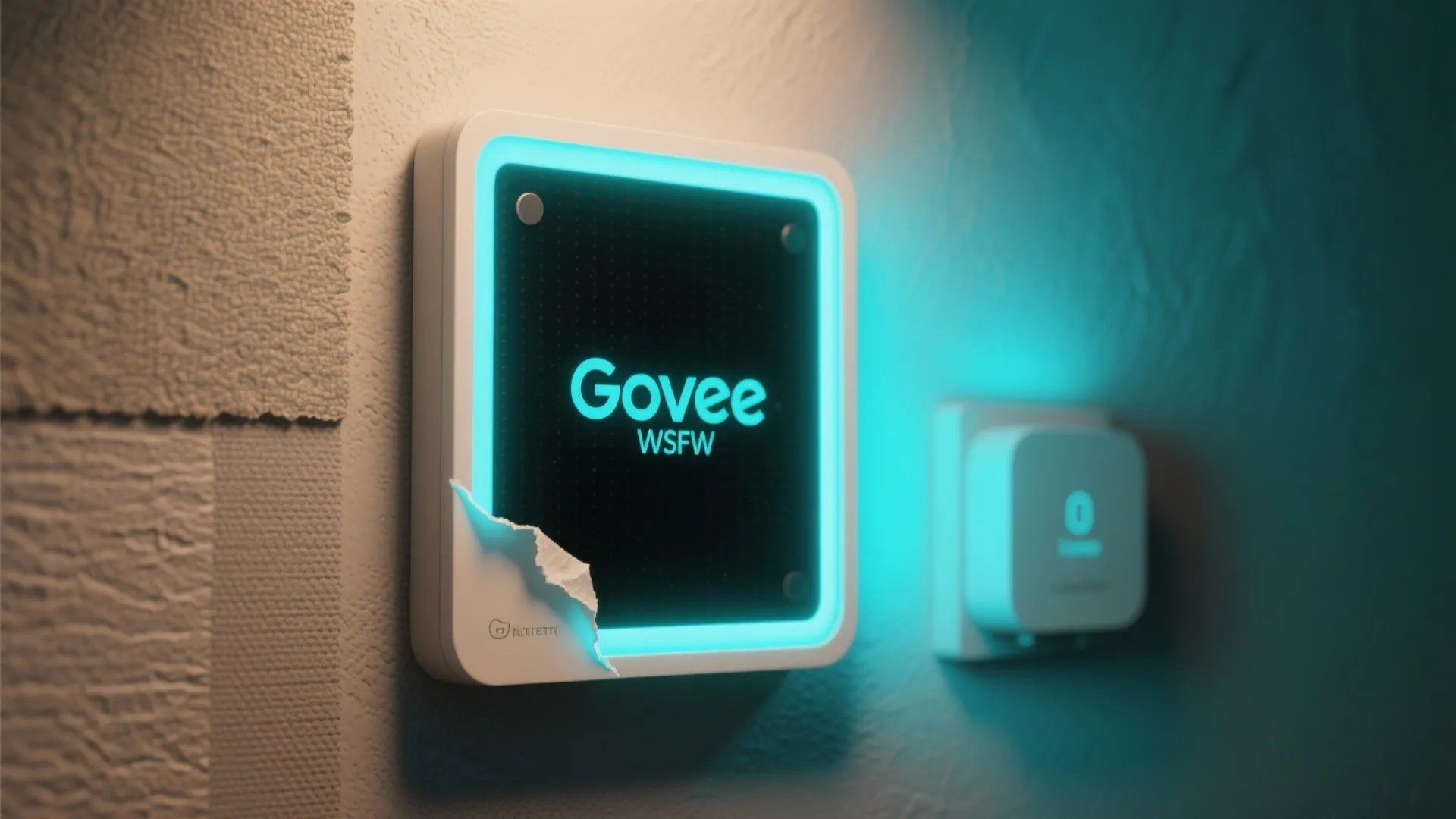 Smart home light controller mounted on a textured wall with glowing blue edges and logo