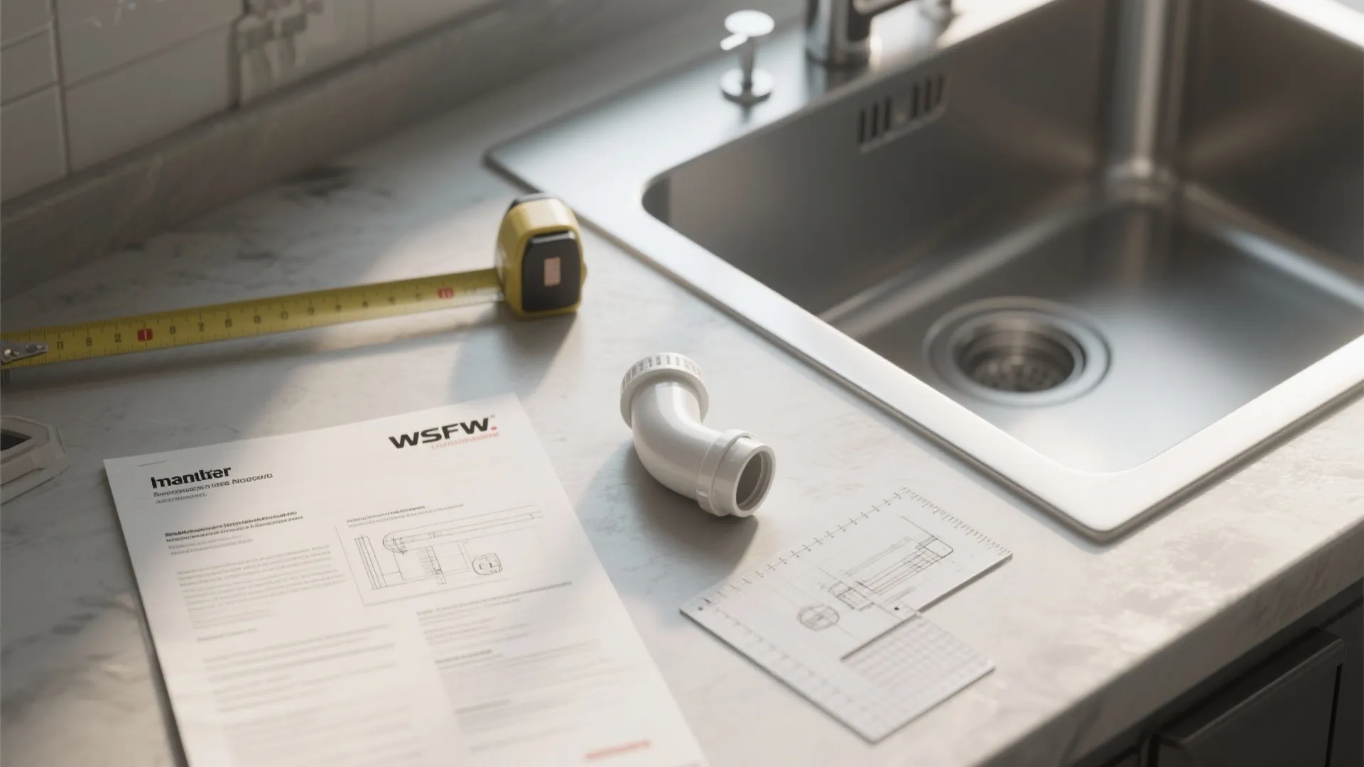 Installation manuals, measuring template, and a plumbing schematic showing a low-profile P-trap for drawer preservation.