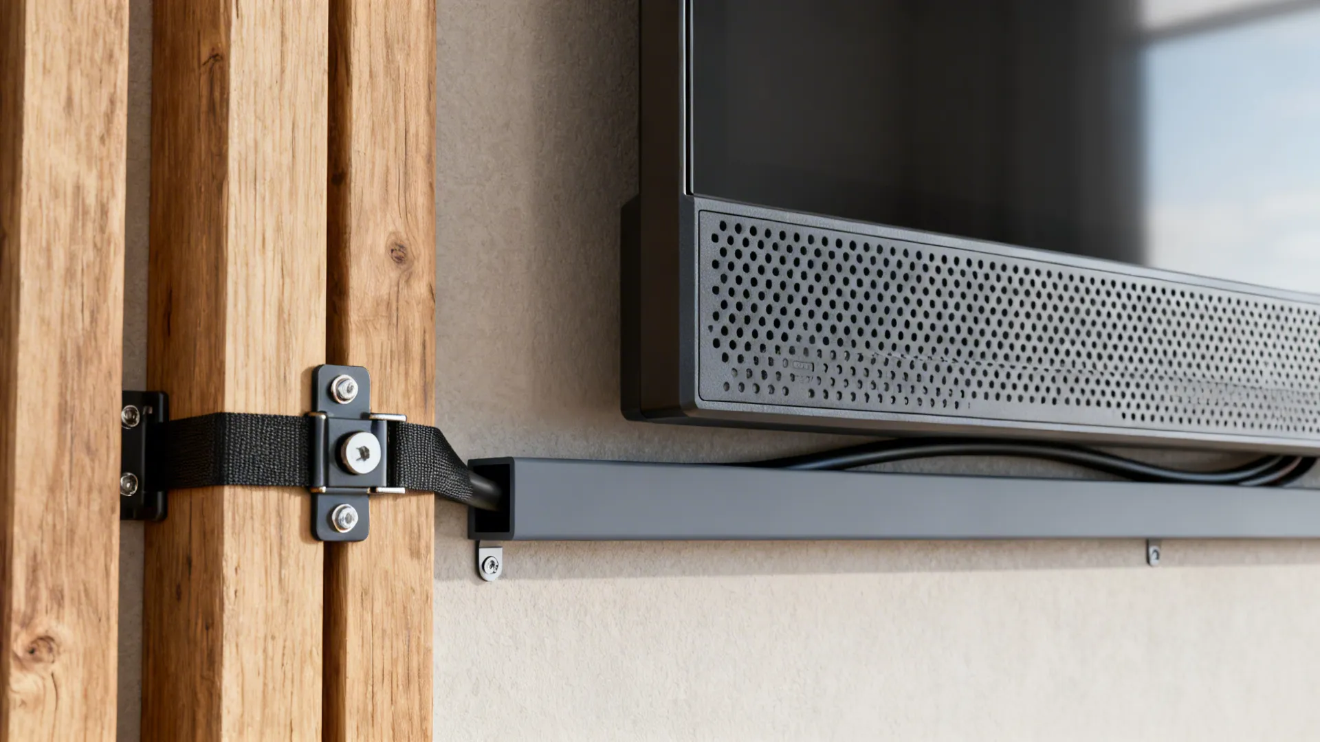 Close-up of anti-tip strap, corner bracket, ventilation detail and cable raceway for TV installation safety