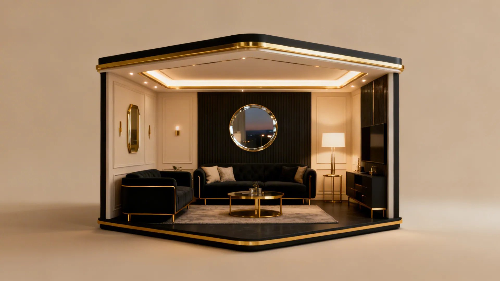 Finished compact black and gold living room showing balanced neutrals, lighting and reflective elements for FAQ illustration.