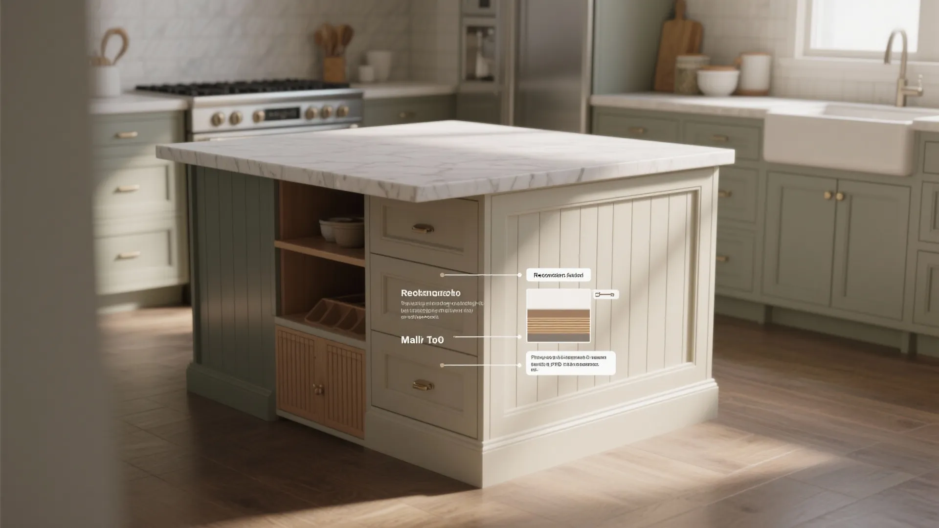 Interior design drawing showing kitchen island details with marble top and white wall panel base