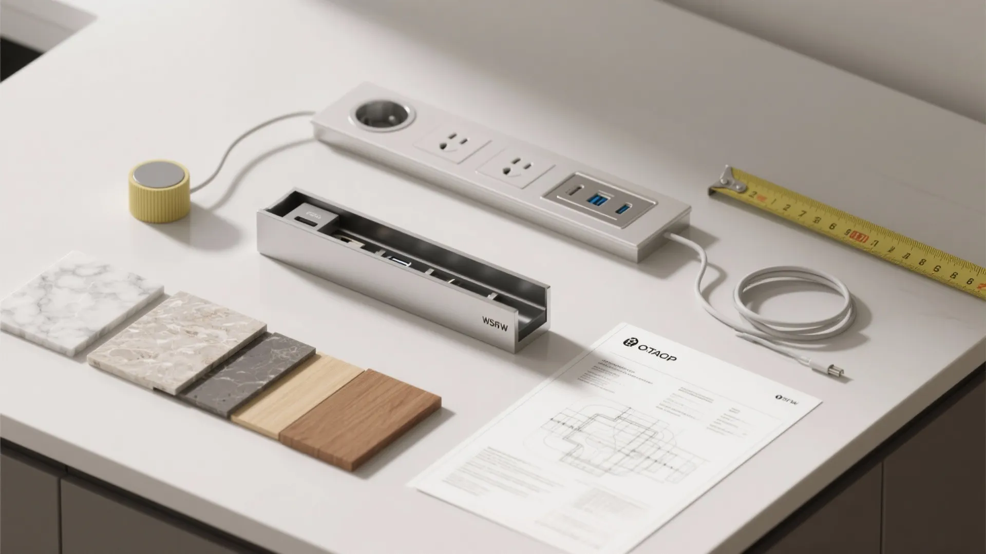 Various kitchen light fixtures and power outlets placed on a table with several material samples